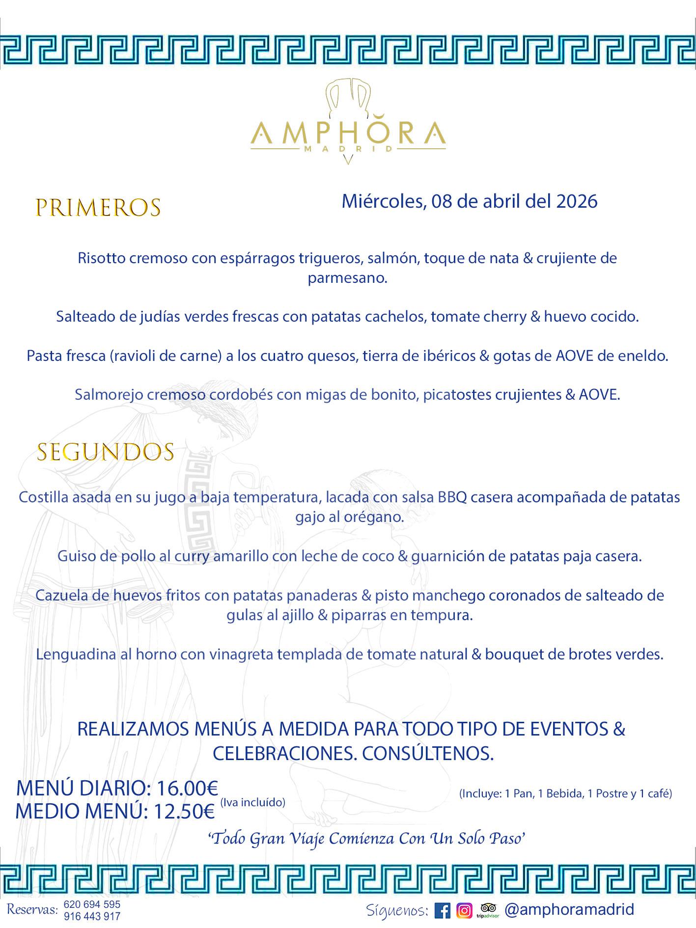 MENÚS DEL DÍA ALCORCÓN MENÚ DEL MIÉRCOLES 8 DE ABRIL DE DE 2026 MENÚS DIARIOS MEJORES MENÚS RESTAURANTES ALCORCÓN RESTAURANTE AMPHORA TERRAZA EN ALCORCÓN (DISPONEMOS DE UNA GRAN TERRAZA) Av. Leganés, 54 28923 · Alcorcón · Madrid · España. 91 644 39 17 620 694 595 También realizamos menús especiales a medida personalizados a grupos para todo tipo de eventos, como celebraciones, comidas o cenas de empresas, bautizos, bodas, cumpleaños, cenas o comidas de navidad 2023 2024, etc. Consúltenos o visite nuestras excelentes y amplias instalaciones y les prepararemos el menú más ajustado a sus necesidades y presupuesto. #RestaurantesEventos #RestaurantesMenúsCelebraciones #RestaurantesSalonesBodasBautizosComuniones #MenúsEspecialesparaEventosAlcorcón #MenúsCelebracionesAlcorcón #RestaurantesSalonesMenúsEspecialesGrupos #RestaurantesMenúsCumpleaños #ComidasCenasEmpresasAlcorcón #MenúsparaCenasComidasEventosEmpresasMadrid #MejoresTerrazasMadrid #MejorTerrazaAlcorcónMadrid #PresupuestosMenúsBodasComunionesBautizosAlcorcón #RestaurantesSecretosconEncantoMadrid #RestaurantesMenúsCenasComidasGruposEmpresasNavidadesAlcorcon #SalonesComidasCenasEmpresasAlcorcón #MenúsEventos #MenúsBodas #MenúsComuniones #MenúsCumpleaños #MenúsBautizos #MenúsEventosAlcorcón #MenúsBodasAlcorcón #MenúsComunionesAlcorcón #MenúsCumpleañosAlcorcón #MenúsBautizosAlcorcón #MenúsNavidadAlcorcón #MenúsComidasNavidad #MenúsCenasNavidad #SalonesEventosAlcorcón RESTAURANTES ALCORCÓN CELEBRACIONES EVENTOS CUMPLEAÑOS BODAS COMUNIONES BAUTIZOS, MENÚS ESPECIALES A MEDIDA PARA REUNIONES FAMILIARES EVENTOS CELEBRACIONES BODAS COMUNIONES BAUTIZOS EN ALCORCÓN, RESTAURANTES SALONES GRUPOS COMIDAS CENAS EN ALCORCÓN, RESTAURANTES COMIDAS CENAS EMPRESA ALCORCÓN MADRID, MEJORES TERRAZAS ALCORCÓN, MEJOR TERRAZA ALCORCÓN, RESTAURANTES SECRETOS CON ENCANTO EN MADRID, RESTAURANTES MENUS GRUPOS ESPECIALES COMIDAS CENAS EMPRESAS NAVIDADES ALCORCÓN, CONSÚLTE NUESTROS MENÚS A MEDIDA PARA EVENTOS - REALIZAMOS MENÚS A MEDIDA PARA BODAS, COMUNIONES, BAUTIZOS, CUMPLEAÑOS, CENAS COMIDAS DE EMPRESAS, ETC - NUESTRO RESTAURANTE DIPONE DE UNA EXTRAORDINARIA TERRAZA PARA TODO TIPO DE EVENTOS - NUESTROS SALONES INTERIORES SE ADAPTAN A TODO DE EVENTOS, YA SEAN PARTICULARES COMO DE EMPRESAS - RESTAURANTE PREPARADO PARA TODO TIPO DE EVENTOS DE CLIENTES DE LA ZONA SUR SUROESTE DE MADRID COMO ALCORCÓN MÓSTOLES FUENLABRADA VILLAVICIOSA DE ODÓN POZUELO DE ALARCÓN GETAFE LAS ROZAS MAJADAHONDA - UNO DE LOS MEJORES RESTAURANTES DE MADRID PARA COMER O CENAR A LA CARTA O CON NUESTROS MENÚS - CELEBRE CON NOSOTROS SUS REUNIONES FAMILIARES CUMPLEAÑOS BAUTIZOS COMUNIONES BODAS PRESENTACIONES ETC. PUES SERÁN UN ÉXITO - MEJORES RESTAURANTES SALONES CELEBRACIONES EN ALCORCÓN -RESTAURANTES MENUS GRUPOS COMIDAS CENAS REUNIONES EMPRESAS NAVIDADES 2024 ALCORCÓN ZONA SUR MADRID.MENÚS DEL DÍA ALCORCÓN DIARIOS MEJORES MENÚS RESTAURANTES ALCORCÓN RESTAURANTE AMPHORA TERRAZA EN ALCORCÓN (DISPONEMOS DE UNA GRAN TERRAZA)