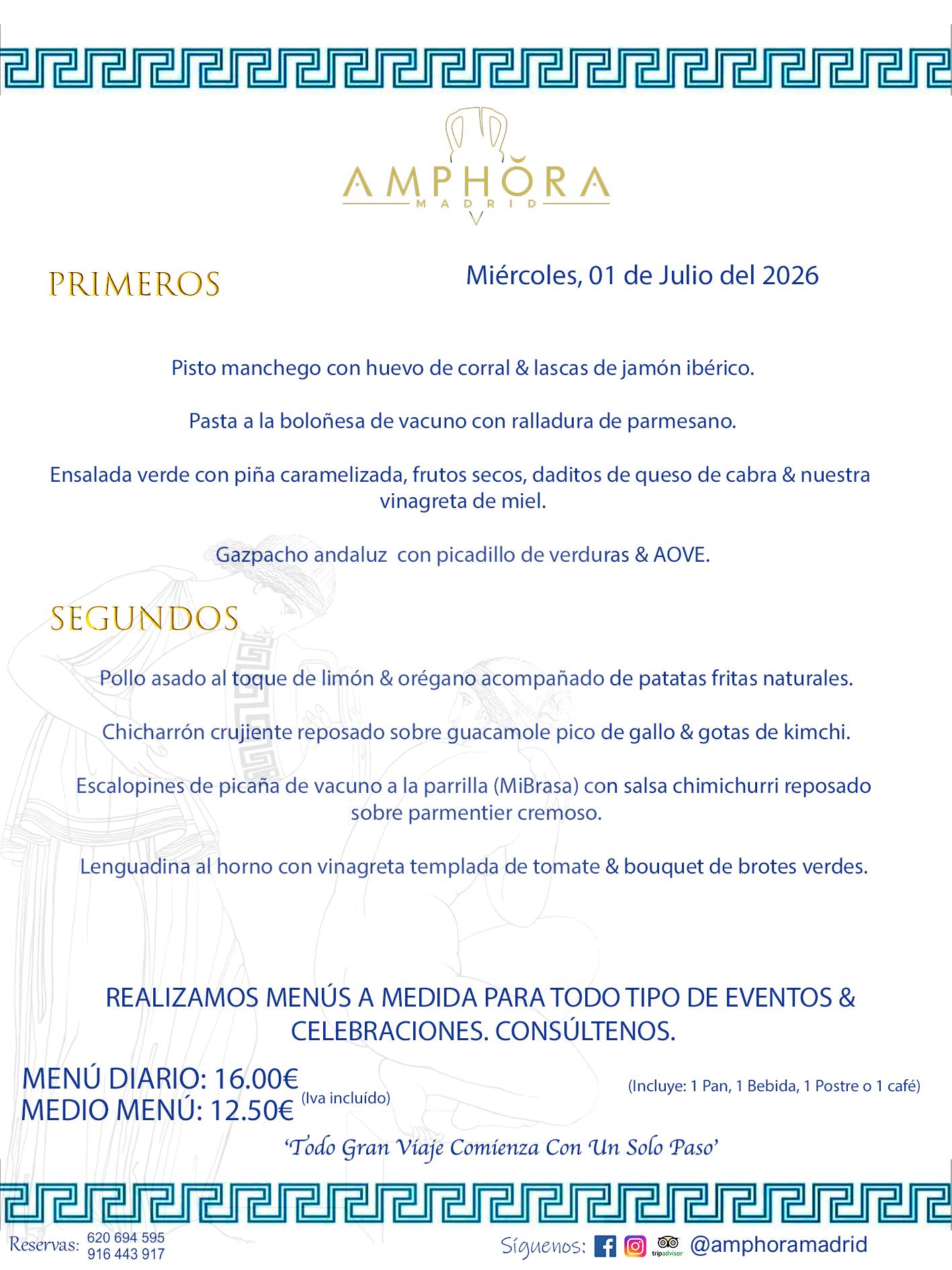 MENÚS DEL DÍA ALCORCÓN MENÚ DEL MIÉRCOLES 1 DE JULIO DE DE 2026 MENÚS DIARIOS MEJORES MENÚS RESTAURANTES ALCORCÓN RESTAURANTE AMPHORA TERRAZA EN ALCORCÓN (DISPONEMOS DE UNA GRAN TERRAZA) Av. Leganés, 54 28923 · Alcorcón · Madrid · España. 91 644 39 17 620 694 595 También realizamos menús especiales a medida personalizados a grupos para todo tipo de eventos, como celebraciones, comidas o cenas de empresas, bautizos, bodas, cumpleaños, cenas o comidas de navidad 2023 2024, etc. Consúltenos o visite nuestras excelentes y amplias instalaciones y les prepararemos el menú más ajustado a sus necesidades y presupuesto. #RestaurantesEventos #RestaurantesMenúsCelebraciones #RestaurantesSalonesBodasBautizosComuniones #MenúsEspecialesparaEventosAlcorcón #MenúsCelebracionesAlcorcón #RestaurantesSalonesMenúsEspecialesGrupos #RestaurantesMenúsCumpleaños #ComidasCenasEmpresasAlcorcón #MenúsparaCenasComidasEventosEmpresasMadrid #MejoresTerrazasMadrid #MejorTerrazaAlcorcónMadrid #PresupuestosMenúsBodasComunionesBautizosAlcorcón #RestaurantesSecretosconEncantoMadrid #RestaurantesMenúsCenasComidasGruposEmpresasNavidadesAlcorcon #SalonesComidasCenasEmpresasAlcorcón #MenúsEventos #MenúsBodas #MenúsComuniones #MenúsCumpleaños #MenúsBautizos #MenúsEventosAlcorcón #MenúsBodasAlcorcón #MenúsComunionesAlcorcón #MenúsCumpleañosAlcorcón #MenúsBautizosAlcorcón #MenúsNavidadAlcorcón #MenúsComidasNavidad #MenúsCenasNavidad #SalonesEventosAlcorcón RESTAURANTES ALCORCÓN CELEBRACIONES EVENTOS CUMPLEAÑOS BODAS COMUNIONES BAUTIZOS, MENÚS ESPECIALES A MEDIDA PARA REUNIONES FAMILIARES EVENTOS CELEBRACIONES BODAS COMUNIONES BAUTIZOS EN ALCORCÓN, RESTAURANTES SALONES GRUPOS COMIDAS CENAS EN ALCORCÓN, RESTAURANTES COMIDAS CENAS EMPRESA ALCORCÓN MADRID, MEJORES TERRAZAS ALCORCÓN, MEJOR TERRAZA ALCORCÓN, RESTAURANTES SECRETOS CON ENCANTO EN MADRID, RESTAURANTES MENUS GRUPOS ESPECIALES COMIDAS CENAS EMPRESAS NAVIDADES ALCORCÓN, CONSÚLTE NUESTROS MENÚS A MEDIDA PARA EVENTOS - REALIZAMOS MENÚS A MEDIDA PARA BODAS, COMUNIONES, BAUTIZOS, CUMPLEAÑOS, CENAS COMIDAS DE EMPRESAS, ETC - NUESTRO RESTAURANTE DIPONE DE UNA EXTRAORDINARIA TERRAZA PARA TODO TIPO DE EVENTOS - NUESTROS SALONES INTERIORES SE ADAPTAN A TODO DE EVENTOS, YA SEAN PARTICULARES COMO DE EMPRESAS - RESTAURANTE PREPARADO PARA TODO TIPO DE EVENTOS DE CLIENTES DE LA ZONA SUR SUROESTE DE MADRID COMO ALCORCÓN MÓSTOLES FUENLABRADA VILLAVICIOSA DE ODÓN POZUELO DE ALARCÓN GETAFE LAS ROZAS MAJADAHONDA - UNO DE LOS MEJORES RESTAURANTES DE MADRID PARA COMER O CENAR A LA CARTA O CON NUESTROS MENÚS - CELEBRE CON NOSOTROS SUS REUNIONES FAMILIARES CUMPLEAÑOS BAUTIZOS COMUNIONES BODAS PRESENTACIONES ETC. PUES SERÁN UN ÉXITO - MEJORES RESTAURANTES SALONES CELEBRACIONES EN ALCORCÓN -RESTAURANTES MENUS GRUPOS COMIDAS CENAS REUNIONES EMPRESAS NAVIDADES 2024 ALCORCÓN ZONA SUR MADRID.MENÚS DEL DÍA ALCORCÓN DIARIOS MEJORES MENÚS RESTAURANTES ALCORCÓN RESTAURANTE AMPHORA TERRAZA EN ALCORCÓN (DISPONEMOS DE UNA GRAN TERRAZA)