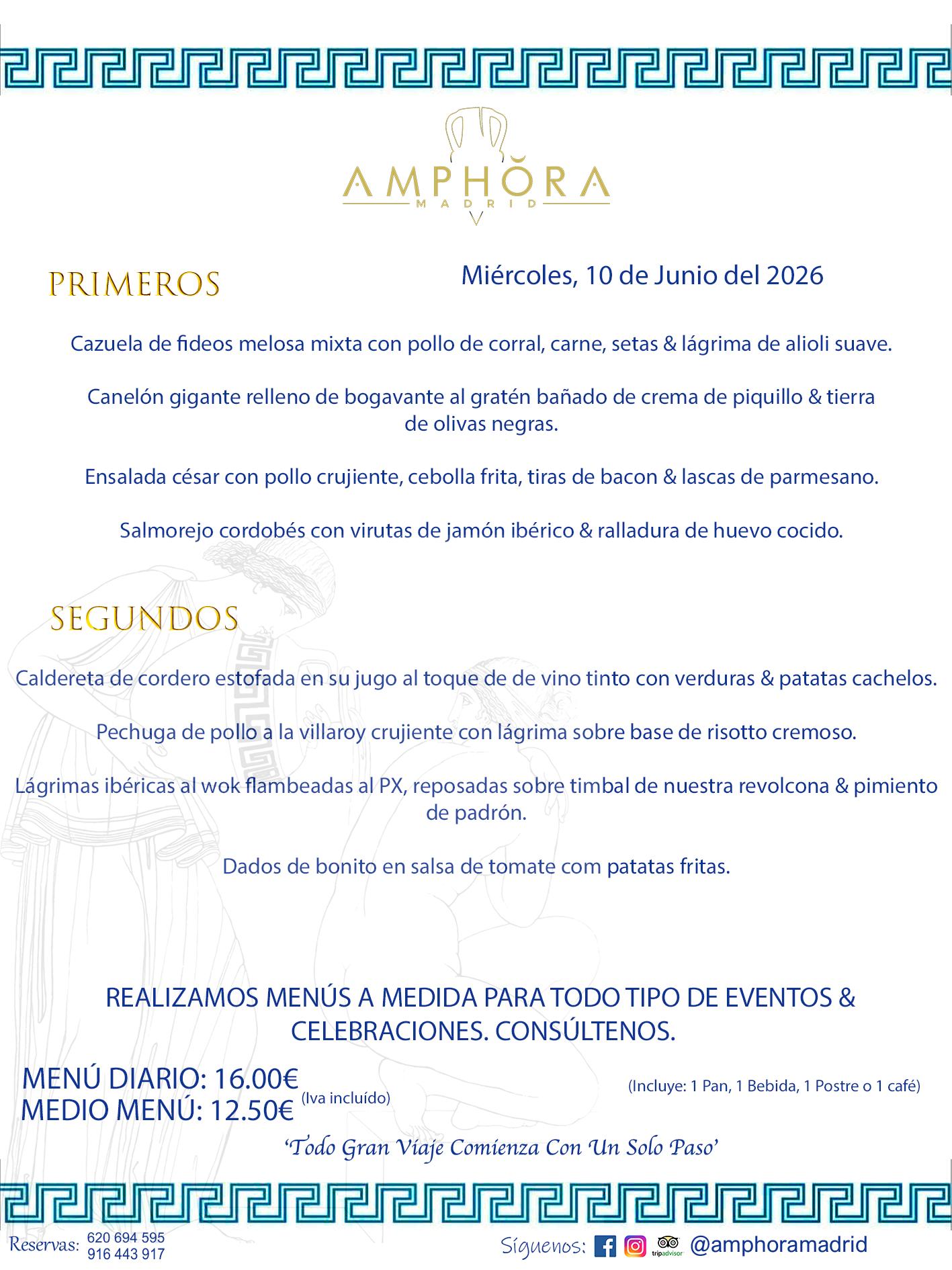 MENÚS DEL DÍA ALCORCÓN MENÚ DEL MIÉRCOLES 10 DE JUNIO DE DE 2026 MENÚS DIARIOS MEJORES MENÚS RESTAURANTES ALCORCÓN RESTAURANTE AMPHORA TERRAZA EN ALCORCÓN (DISPONEMOS DE UNA GRAN TERRAZA) Av. Leganés, 54 28923 · Alcorcón · Madrid · España. 91 644 39 17 620 694 595 También realizamos menús especiales a medida personalizados a grupos para todo tipo de eventos, como celebraciones, comidas o cenas de empresas, bautizos, bodas, cumpleaños, cenas o comidas de navidad 2023 2024, etc. Consúltenos o visite nuestras excelentes y amplias instalaciones y les prepararemos el menú más ajustado a sus necesidades y presupuesto. #RestaurantesEventos #RestaurantesMenúsCelebraciones #RestaurantesSalonesBodasBautizosComuniones #MenúsEspecialesparaEventosAlcorcón #MenúsCelebracionesAlcorcón #RestaurantesSalonesMenúsEspecialesGrupos #RestaurantesMenúsCumpleaños #ComidasCenasEmpresasAlcorcón #MenúsparaCenasComidasEventosEmpresasMadrid #MejoresTerrazasMadrid #MejorTerrazaAlcorcónMadrid #PresupuestosMenúsBodasComunionesBautizosAlcorcón #RestaurantesSecretosconEncantoMadrid #RestaurantesMenúsCenasComidasGruposEmpresasNavidadesAlcorcon #SalonesComidasCenasEmpresasAlcorcón #MenúsEventos #MenúsBodas #MenúsComuniones #MenúsCumpleaños #MenúsBautizos #MenúsEventosAlcorcón #MenúsBodasAlcorcón #MenúsComunionesAlcorcón #MenúsCumpleañosAlcorcón #MenúsBautizosAlcorcón #MenúsNavidadAlcorcón #MenúsComidasNavidad #MenúsCenasNavidad #SalonesEventosAlcorcón RESTAURANTES ALCORCÓN CELEBRACIONES EVENTOS CUMPLEAÑOS BODAS COMUNIONES BAUTIZOS, MENÚS ESPECIALES A MEDIDA PARA REUNIONES FAMILIARES EVENTOS CELEBRACIONES BODAS COMUNIONES BAUTIZOS EN ALCORCÓN, RESTAURANTES SALONES GRUPOS COMIDAS CENAS EN ALCORCÓN, RESTAURANTES COMIDAS CENAS EMPRESA ALCORCÓN MADRID, MEJORES TERRAZAS ALCORCÓN, MEJOR TERRAZA ALCORCÓN, RESTAURANTES SECRETOS CON ENCANTO EN MADRID, RESTAURANTES MENUS GRUPOS ESPECIALES COMIDAS CENAS EMPRESAS NAVIDADES ALCORCÓN, CONSÚLTE NUESTROS MENÚS A MEDIDA PARA EVENTOS - REALIZAMOS MENÚS A MEDIDA PARA BODAS, COMUNIONES, BAUTIZOS, CUMPLEAÑOS, CENAS COMIDAS DE EMPRESAS, ETC - NUESTRO RESTAURANTE DIPONE DE UNA EXTRAORDINARIA TERRAZA PARA TODO TIPO DE EVENTOS - NUESTROS SALONES INTERIORES SE ADAPTAN A TODO DE EVENTOS, YA SEAN PARTICULARES COMO DE EMPRESAS - RESTAURANTE PREPARADO PARA TODO TIPO DE EVENTOS DE CLIENTES DE LA ZONA SUR SUROESTE DE MADRID COMO ALCORCÓN MÓSTOLES FUENLABRADA VILLAVICIOSA DE ODÓN POZUELO DE ALARCÓN GETAFE LAS ROZAS MAJADAHONDA - UNO DE LOS MEJORES RESTAURANTES DE MADRID PARA COMER O CENAR A LA CARTA O CON NUESTROS MENÚS - CELEBRE CON NOSOTROS SUS REUNIONES FAMILIARES CUMPLEAÑOS BAUTIZOS COMUNIONES BODAS PRESENTACIONES ETC. PUES SERÁN UN ÉXITO - MEJORES RESTAURANTES SALONES CELEBRACIONES EN ALCORCÓN -RESTAURANTES MENUS GRUPOS COMIDAS CENAS REUNIONES EMPRESAS NAVIDADES 2024 ALCORCÓN ZONA SUR MADRID.MENÚS DEL DÍA ALCORCÓN DIARIOS MEJORES MENÚS RESTAURANTES ALCORCÓN RESTAURANTE AMPHORA TERRAZA EN ALCORCÓN (DISPONEMOS DE UNA GRAN TERRAZA)
