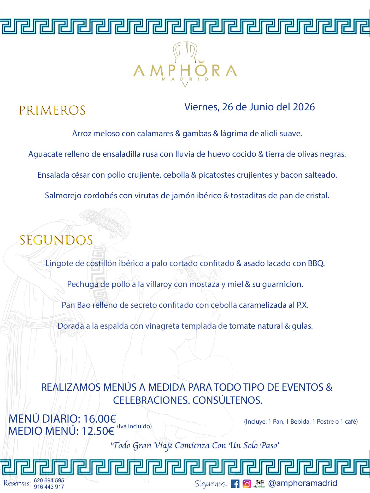 MENÚS DEL DÍA ALCORCÓN MENÚ DEL VIERNES 26 DE JUNIO DE DE 2026 MENÚS DIARIOS MEJORES MENÚS RESTAURANTES ALCORCÓN RESTAURANTE AMPHORA TERRAZA EN ALCORCÓN (DISPONEMOS DE UNA GRAN TERRAZA) Av. Leganés, 54 28923 · Alcorcón · Madrid · España. 91 644 39 17 620 694 595 También realizamos menús especiales a medida personalizados a grupos para todo tipo de eventos, como celebraciones, comidas o cenas de empresas, bautizos, bodas, cumpleaños, cenas o comidas de navidad 2023 2024, etc. Consúltenos o visite nuestras excelentes y amplias instalaciones y les prepararemos el menú más ajustado a sus necesidades y presupuesto. #RestaurantesEventos #RestaurantesMenúsCelebraciones #RestaurantesSalonesBodasBautizosComuniones #MenúsEspecialesparaEventosAlcorcón #MenúsCelebracionesAlcorcón #RestaurantesSalonesMenúsEspecialesGrupos #RestaurantesMenúsCumpleaños #ComidasCenasEmpresasAlcorcón #MenúsparaCenasComidasEventosEmpresasMadrid #MejoresTerrazasMadrid #MejorTerrazaAlcorcónMadrid #PresupuestosMenúsBodasComunionesBautizosAlcorcón #RestaurantesSecretosconEncantoMadrid #RestaurantesMenúsCenasComidasGruposEmpresasNavidadesAlcorcon #SalonesComidasCenasEmpresasAlcorcón #MenúsEventos #MenúsBodas #MenúsComuniones #MenúsCumpleaños #MenúsBautizos #MenúsEventosAlcorcón #MenúsBodasAlcorcón #MenúsComunionesAlcorcón #MenúsCumpleañosAlcorcón #MenúsBautizosAlcorcón #MenúsNavidadAlcorcón #MenúsComidasNavidad #MenúsCenasNavidad #SalonesEventosAlcorcón RESTAURANTES ALCORCÓN CELEBRACIONES EVENTOS CUMPLEAÑOS BODAS COMUNIONES BAUTIZOS, MENÚS ESPECIALES A MEDIDA PARA REUNIONES FAMILIARES EVENTOS CELEBRACIONES BODAS COMUNIONES BAUTIZOS EN ALCORCÓN, RESTAURANTES SALONES GRUPOS COMIDAS CENAS EN ALCORCÓN, RESTAURANTES COMIDAS CENAS EMPRESA ALCORCÓN MADRID, MEJORES TERRAZAS ALCORCÓN, MEJOR TERRAZA ALCORCÓN, RESTAURANTES SECRETOS CON ENCANTO EN MADRID, RESTAURANTES MENUS GRUPOS ESPECIALES COMIDAS CENAS EMPRESAS NAVIDADES ALCORCÓN, CONSÚLTE NUESTROS MENÚS A MEDIDA PARA EVENTOS - REALIZAMOS MENÚS A MEDIDA PARA BODAS, COMUNIONES, BAUTIZOS, CUMPLEAÑOS, CENAS COMIDAS DE EMPRESAS, ETC - NUESTRO RESTAURANTE DIPONE DE UNA EXTRAORDINARIA TERRAZA PARA TODO TIPO DE EVENTOS - NUESTROS SALONES INTERIORES SE ADAPTAN A TODO DE EVENTOS, YA SEAN PARTICULARES COMO DE EMPRESAS - RESTAURANTE PREPARADO PARA TODO TIPO DE EVENTOS DE CLIENTES DE LA ZONA SUR SUROESTE DE MADRID COMO ALCORCÓN MÓSTOLES FUENLABRADA VILLAVICIOSA DE ODÓN POZUELO DE ALARCÓN GETAFE LAS ROZAS MAJADAHONDA - UNO DE LOS MEJORES RESTAURANTES DE MADRID PARA COMER O CENAR A LA CARTA O CON NUESTROS MENÚS - CELEBRE CON NOSOTROS SUS REUNIONES FAMILIARES CUMPLEAÑOS BAUTIZOS COMUNIONES BODAS PRESENTACIONES ETC. PUES SERÁN UN ÉXITO - MEJORES RESTAURANTES SALONES CELEBRACIONES EN ALCORCÓN -RESTAURANTES MENUS GRUPOS COMIDAS CENAS REUNIONES EMPRESAS NAVIDADES 2024 ALCORCÓN ZONA SUR MADRID.MENÚS DEL DÍA ALCORCÓN DIARIOS MEJORES MENÚS RESTAURANTES ALCORCÓN RESTAURANTE AMPHORA TERRAZA EN ALCORCÓN (DISPONEMOS DE UNA GRAN TERRAZA)