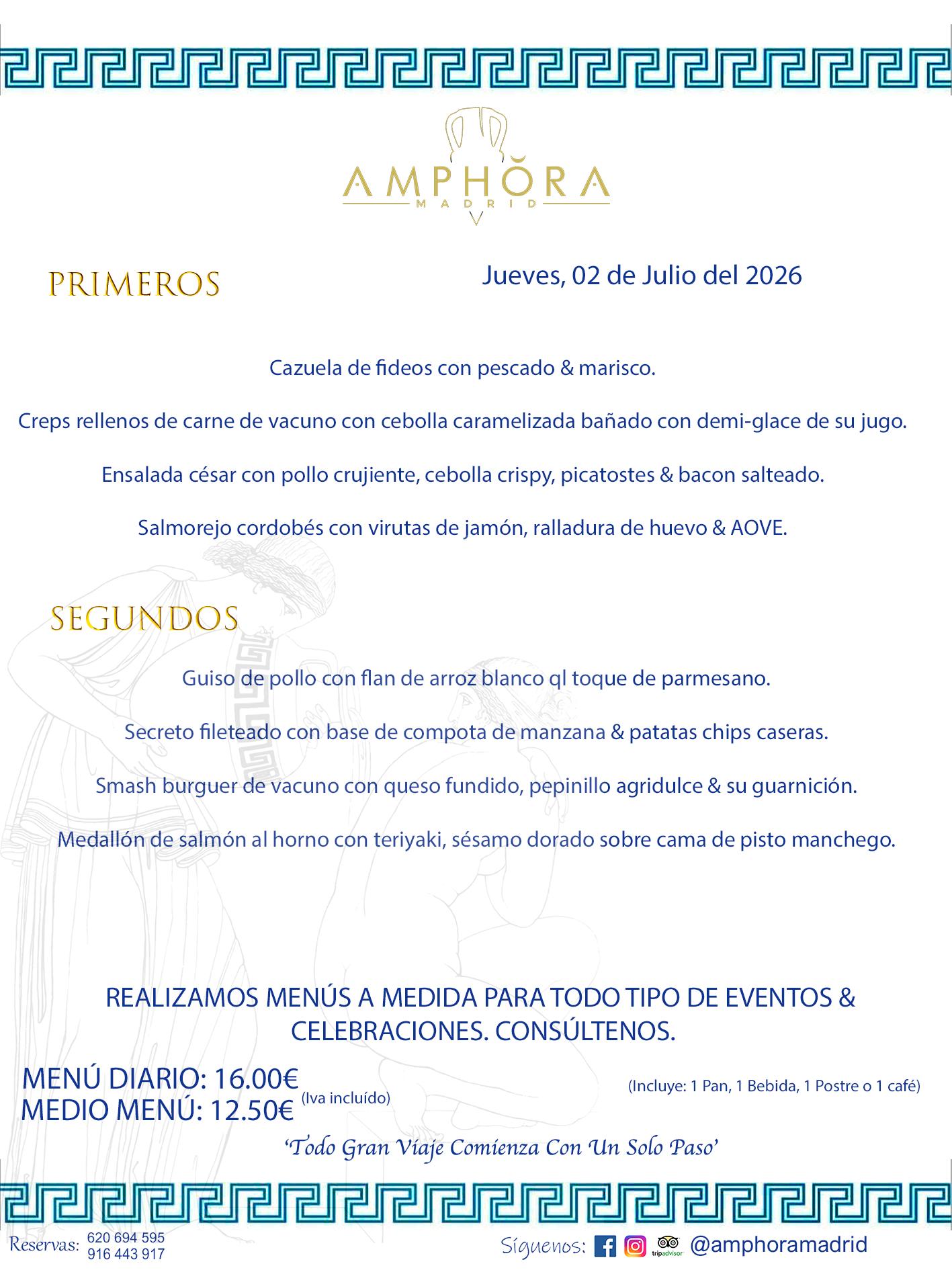 MENÚS DEL DÍA ALCORCÓN MENÚ DEL JUEVES 2 DE JULIO DE DE 2026 MENÚS DIARIOS MEJORES MENÚS RESTAURANTES ALCORCÓN RESTAURANTE AMPHORA TERRAZA EN ALCORCÓN (DISPONEMOS DE UNA GRAN TERRAZA) Av. Leganés, 54 28923 · Alcorcón · Madrid · España. 91 644 39 17 620 694 595 También realizamos menús especiales a medida personalizados a grupos para todo tipo de eventos, como celebraciones, comidas o cenas de empresas, bautizos, bodas, cumpleaños, cenas o comidas de navidad 2023 2024, etc. Consúltenos o visite nuestras excelentes y amplias instalaciones y les prepararemos el menú más ajustado a sus necesidades y presupuesto. #RestaurantesEventos #RestaurantesMenúsCelebraciones #RestaurantesSalonesBodasBautizosComuniones #MenúsEspecialesparaEventosAlcorcón #MenúsCelebracionesAlcorcón #RestaurantesSalonesMenúsEspecialesGrupos #RestaurantesMenúsCumpleaños #ComidasCenasEmpresasAlcorcón #MenúsparaCenasComidasEventosEmpresasMadrid #MejoresTerrazasMadrid #MejorTerrazaAlcorcónMadrid #PresupuestosMenúsBodasComunionesBautizosAlcorcón #RestaurantesSecretosconEncantoMadrid #RestaurantesMenúsCenasComidasGruposEmpresasNavidadesAlcorcon #SalonesComidasCenasEmpresasAlcorcón #MenúsEventos #MenúsBodas #MenúsComuniones #MenúsCumpleaños #MenúsBautizos #MenúsEventosAlcorcón #MenúsBodasAlcorcón #MenúsComunionesAlcorcón #MenúsCumpleañosAlcorcón #MenúsBautizosAlcorcón #MenúsNavidadAlcorcón #MenúsComidasNavidad #MenúsCenasNavidad #SalonesEventosAlcorcón RESTAURANTES ALCORCÓN CELEBRACIONES EVENTOS CUMPLEAÑOS BODAS COMUNIONES BAUTIZOS, MENÚS ESPECIALES A MEDIDA PARA REUNIONES FAMILIARES EVENTOS CELEBRACIONES BODAS COMUNIONES BAUTIZOS EN ALCORCÓN, RESTAURANTES SALONES GRUPOS COMIDAS CENAS EN ALCORCÓN, RESTAURANTES COMIDAS CENAS EMPRESA ALCORCÓN MADRID, MEJORES TERRAZAS ALCORCÓN, MEJOR TERRAZA ALCORCÓN, RESTAURANTES SECRETOS CON ENCANTO EN MADRID, RESTAURANTES MENUS GRUPOS ESPECIALES COMIDAS CENAS EMPRESAS NAVIDADES ALCORCÓN, CONSÚLTE NUESTROS MENÚS A MEDIDA PARA EVENTOS - REALIZAMOS MENÚS A MEDIDA PARA BODAS, COMUNIONES, BAUTIZOS, CUMPLEAÑOS, CENAS COMIDAS DE EMPRESAS, ETC - NUESTRO RESTAURANTE DIPONE DE UNA EXTRAORDINARIA TERRAZA PARA TODO TIPO DE EVENTOS - NUESTROS SALONES INTERIORES SE ADAPTAN A TODO DE EVENTOS, YA SEAN PARTICULARES COMO DE EMPRESAS - RESTAURANTE PREPARADO PARA TODO TIPO DE EVENTOS DE CLIENTES DE LA ZONA SUR SUROESTE DE MADRID COMO ALCORCÓN MÓSTOLES FUENLABRADA VILLAVICIOSA DE ODÓN POZUELO DE ALARCÓN GETAFE LAS ROZAS MAJADAHONDA - UNO DE LOS MEJORES RESTAURANTES DE MADRID PARA COMER O CENAR A LA CARTA O CON NUESTROS MENÚS - CELEBRE CON NOSOTROS SUS REUNIONES FAMILIARES CUMPLEAÑOS BAUTIZOS COMUNIONES BODAS PRESENTACIONES ETC. PUES SERÁN UN ÉXITO - MEJORES RESTAURANTES SALONES CELEBRACIONES EN ALCORCÓN -RESTAURANTES MENUS GRUPOS COMIDAS CENAS REUNIONES EMPRESAS NAVIDADES 2024 ALCORCÓN ZONA SUR MADRID.MENÚS DEL DÍA ALCORCÓN DIARIOS MEJORES MENÚS RESTAURANTES ALCORCÓN RESTAURANTE AMPHORA TERRAZA EN ALCORCÓN (DISPONEMOS DE UNA GRAN TERRAZA)
