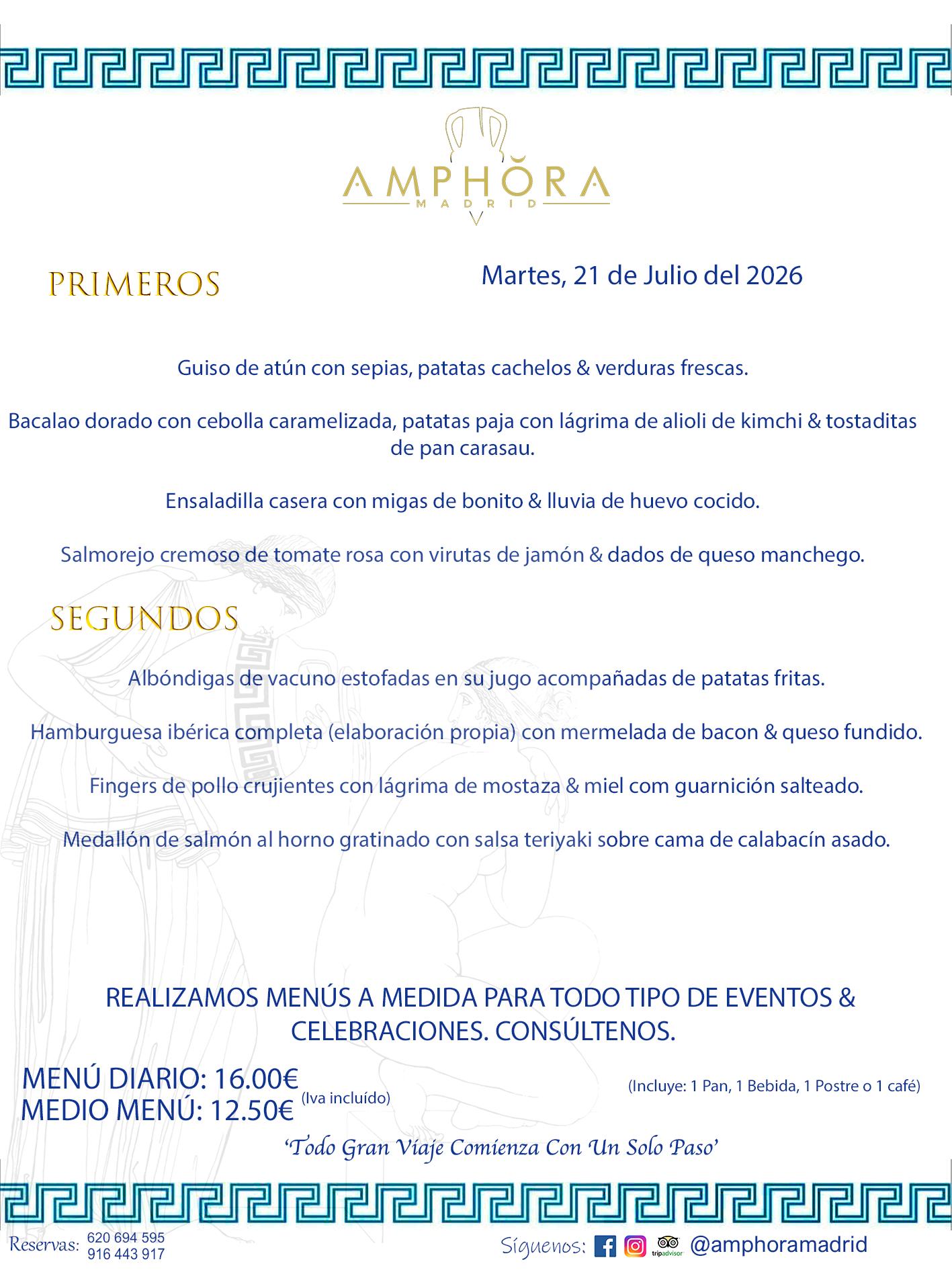 MENÚS DEL DÍA ALCORCÓN MENÚ DEL MARTES 21 DE JULIO DE DE 2026 MENÚS DIARIOS MEJORES MENÚS RESTAURANTES ALCORCÓN RESTAURANTE AMPHORA TERRAZA EN ALCORCÓN (DISPONEMOS DE UNA GRAN TERRAZA) Av. Leganés, 54 28923 · Alcorcón · Madrid · España. 91 644 39 17 620 694 595 También realizamos menús especiales a medida personalizados a grupos para todo tipo de eventos, como celebraciones, comidas o cenas de empresas, bautizos, bodas, cumpleaños, cenas o comidas de navidad 2023 2024, etc. Consúltenos o visite nuestras excelentes y amplias instalaciones y les prepararemos el menú más ajustado a sus necesidades y presupuesto. #RestaurantesEventos #RestaurantesMenúsCelebraciones #RestaurantesSalonesBodasBautizosComuniones #MenúsEspecialesparaEventosAlcorcón #MenúsCelebracionesAlcorcón #RestaurantesSalonesMenúsEspecialesGrupos #RestaurantesMenúsCumpleaños #ComidasCenasEmpresasAlcorcón #MenúsparaCenasComidasEventosEmpresasMadrid #MejoresTerrazasMadrid #MejorTerrazaAlcorcónMadrid #PresupuestosMenúsBodasComunionesBautizosAlcorcón #RestaurantesSecretosconEncantoMadrid #RestaurantesMenúsCenasComidasGruposEmpresasNavidadesAlcorcon #SalonesComidasCenasEmpresasAlcorcón #MenúsEventos #MenúsBodas #MenúsComuniones #MenúsCumpleaños #MenúsBautizos #MenúsEventosAlcorcón #MenúsBodasAlcorcón #MenúsComunionesAlcorcón #MenúsCumpleañosAlcorcón #MenúsBautizosAlcorcón #MenúsNavidadAlcorcón #MenúsComidasNavidad #MenúsCenasNavidad #SalonesEventosAlcorcón RESTAURANTES ALCORCÓN CELEBRACIONES EVENTOS CUMPLEAÑOS BODAS COMUNIONES BAUTIZOS, MENÚS ESPECIALES A MEDIDA PARA REUNIONES FAMILIARES EVENTOS CELEBRACIONES BODAS COMUNIONES BAUTIZOS EN ALCORCÓN, RESTAURANTES SALONES GRUPOS COMIDAS CENAS EN ALCORCÓN, RESTAURANTES COMIDAS CENAS EMPRESA ALCORCÓN MADRID, MEJORES TERRAZAS ALCORCÓN, MEJOR TERRAZA ALCORCÓN, RESTAURANTES SECRETOS CON ENCANTO EN MADRID, RESTAURANTES MENUS GRUPOS ESPECIALES COMIDAS CENAS EMPRESAS NAVIDADES ALCORCÓN, CONSÚLTE NUESTROS MENÚS A MEDIDA PARA EVENTOS - REALIZAMOS MENÚS A MEDIDA PARA BODAS, COMUNIONES, BAUTIZOS, CUMPLEAÑOS, CENAS COMIDAS DE EMPRESAS, ETC - NUESTRO RESTAURANTE DIPONE DE UNA EXTRAORDINARIA TERRAZA PARA TODO TIPO DE EVENTOS - NUESTROS SALONES INTERIORES SE ADAPTAN A TODO DE EVENTOS, YA SEAN PARTICULARES COMO DE EMPRESAS - RESTAURANTE PREPARADO PARA TODO TIPO DE EVENTOS DE CLIENTES DE LA ZONA SUR SUROESTE DE MADRID COMO ALCORCÓN MÓSTOLES FUENLABRADA VILLAVICIOSA DE ODÓN POZUELO DE ALARCÓN GETAFE LAS ROZAS MAJADAHONDA - UNO DE LOS MEJORES RESTAURANTES DE MADRID PARA COMER O CENAR A LA CARTA O CON NUESTROS MENÚS - CELEBRE CON NOSOTROS SUS REUNIONES FAMILIARES CUMPLEAÑOS BAUTIZOS COMUNIONES BODAS PRESENTACIONES ETC. PUES SERÁN UN ÉXITO - MEJORES RESTAURANTES SALONES CELEBRACIONES EN ALCORCÓN -RESTAURANTES MENUS GRUPOS COMIDAS CENAS REUNIONES EMPRESAS NAVIDADES 2024 ALCORCÓN ZONA SUR MADRID.MENÚS DEL DÍA ALCORCÓN DIARIOS MEJORES MENÚS RESTAURANTES ALCORCÓN RESTAURANTE AMPHORA TERRAZA EN ALCORCÓN (DISPONEMOS DE UNA GRAN TERRAZA)