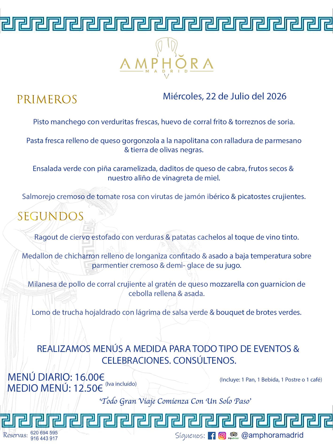 MENÚS DEL DÍA ALCORCÓN MENÚ DEL MIÉRCOLES 22 DE JULIO DE DE 2026 MENÚS DIARIOS MEJORES MENÚS RESTAURANTES ALCORCÓN RESTAURANTE AMPHORA TERRAZA EN ALCORCÓN (DISPONEMOS DE UNA GRAN TERRAZA) Av. Leganés, 54 28923 · Alcorcón · Madrid · España. 91 644 39 17 620 694 595 También realizamos menús especiales a medida personalizados a grupos para todo tipo de eventos, como celebraciones, comidas o cenas de empresas, bautizos, bodas, cumpleaños, cenas o comidas de navidad 2023 2024, etc. Consúltenos o visite nuestras excelentes y amplias instalaciones y les prepararemos el menú más ajustado a sus necesidades y presupuesto. #RestaurantesEventos #RestaurantesMenúsCelebraciones #RestaurantesSalonesBodasBautizosComuniones #MenúsEspecialesparaEventosAlcorcón #MenúsCelebracionesAlcorcón #RestaurantesSalonesMenúsEspecialesGrupos #RestaurantesMenúsCumpleaños #ComidasCenasEmpresasAlcorcón #MenúsparaCenasComidasEventosEmpresasMadrid #MejoresTerrazasMadrid #MejorTerrazaAlcorcónMadrid #PresupuestosMenúsBodasComunionesBautizosAlcorcón #RestaurantesSecretosconEncantoMadrid #RestaurantesMenúsCenasComidasGruposEmpresasNavidadesAlcorcon #SalonesComidasCenasEmpresasAlcorcón #MenúsEventos #MenúsBodas #MenúsComuniones #MenúsCumpleaños #MenúsBautizos #MenúsEventosAlcorcón #MenúsBodasAlcorcón #MenúsComunionesAlcorcón #MenúsCumpleañosAlcorcón #MenúsBautizosAlcorcón #MenúsNavidadAlcorcón #MenúsComidasNavidad #MenúsCenasNavidad #SalonesEventosAlcorcón RESTAURANTES ALCORCÓN CELEBRACIONES EVENTOS CUMPLEAÑOS BODAS COMUNIONES BAUTIZOS, MENÚS ESPECIALES A MEDIDA PARA REUNIONES FAMILIARES EVENTOS CELEBRACIONES BODAS COMUNIONES BAUTIZOS EN ALCORCÓN, RESTAURANTES SALONES GRUPOS COMIDAS CENAS EN ALCORCÓN, RESTAURANTES COMIDAS CENAS EMPRESA ALCORCÓN MADRID, MEJORES TERRAZAS ALCORCÓN, MEJOR TERRAZA ALCORCÓN, RESTAURANTES SECRETOS CON ENCANTO EN MADRID, RESTAURANTES MENUS GRUPOS ESPECIALES COMIDAS CENAS EMPRESAS NAVIDADES ALCORCÓN, CONSÚLTE NUESTROS MENÚS A MEDIDA PARA EVENTOS - REALIZAMOS MENÚS A MEDIDA PARA BODAS, COMUNIONES, BAUTIZOS, CUMPLEAÑOS, CENAS COMIDAS DE EMPRESAS, ETC - NUESTRO RESTAURANTE DIPONE DE UNA EXTRAORDINARIA TERRAZA PARA TODO TIPO DE EVENTOS - NUESTROS SALONES INTERIORES SE ADAPTAN A TODO DE EVENTOS, YA SEAN PARTICULARES COMO DE EMPRESAS - RESTAURANTE PREPARADO PARA TODO TIPO DE EVENTOS DE CLIENTES DE LA ZONA SUR SUROESTE DE MADRID COMO ALCORCÓN MÓSTOLES FUENLABRADA VILLAVICIOSA DE ODÓN POZUELO DE ALARCÓN GETAFE LAS ROZAS MAJADAHONDA - UNO DE LOS MEJORES RESTAURANTES DE MADRID PARA COMER O CENAR A LA CARTA O CON NUESTROS MENÚS - CELEBRE CON NOSOTROS SUS REUNIONES FAMILIARES CUMPLEAÑOS BAUTIZOS COMUNIONES BODAS PRESENTACIONES ETC. PUES SERÁN UN ÉXITO - MEJORES RESTAURANTES SALONES CELEBRACIONES EN ALCORCÓN -RESTAURANTES MENUS GRUPOS COMIDAS CENAS REUNIONES EMPRESAS NAVIDADES 2024 ALCORCÓN ZONA SUR MADRID.MENÚS DEL DÍA ALCORCÓN DIARIOS MEJORES MENÚS RESTAURANTES ALCORCÓN RESTAURANTE AMPHORA TERRAZA EN ALCORCÓN (DISPONEMOS DE UNA GRAN TERRAZA)