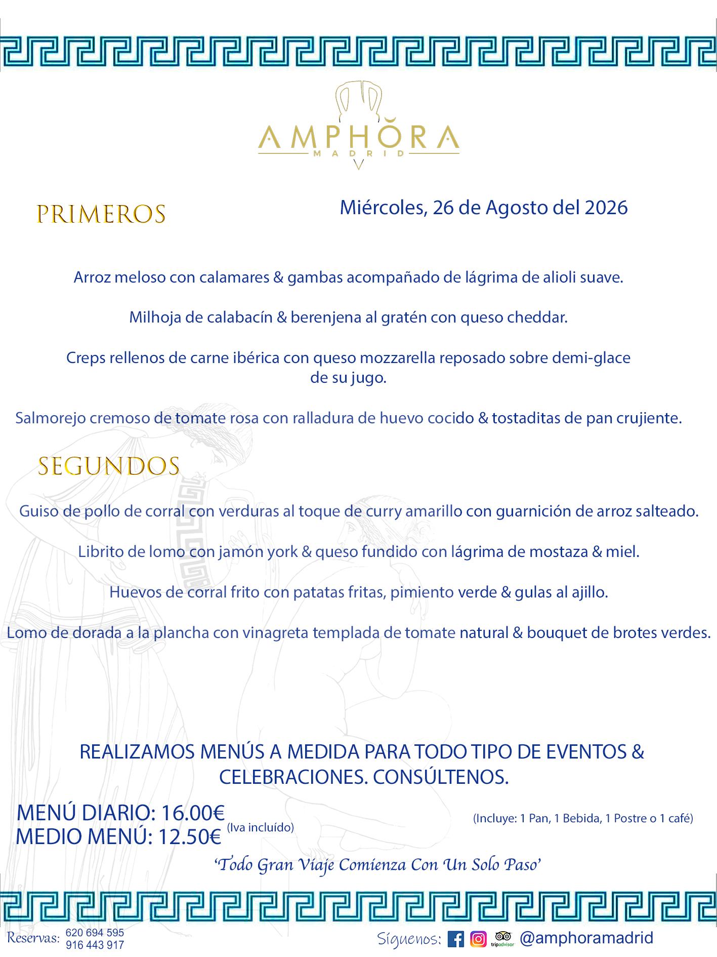 MENÚS DEL DÍA ALCORCÓN MENÚ DEL MIÉRCOLES 26 DE AGOSTO DE DE 2026 MENÚS DIARIOS MEJORES MENÚS RESTAURANTES ALCORCÓN RESTAURANTE AMPHORA TERRAZA EN ALCORCÓN (DISPONEMOS DE UNA GRAN TERRAZA) Av. Leganés, 54 28923 · Alcorcón · Madrid · España. 91 644 39 17 620 694 595 También realizamos menús especiales a medida personalizados a grupos para todo tipo de eventos, como celebraciones, comidas o cenas de empresas, bautizos, bodas, cumpleaños, cenas o comidas de navidad 2023 2024, etc. Consúltenos o visite nuestras excelentes y amplias instalaciones y les prepararemos el menú más ajustado a sus necesidades y presupuesto. #RestaurantesEventos #RestaurantesMenúsCelebraciones #RestaurantesSalonesBodasBautizosComuniones #MenúsEspecialesparaEventosAlcorcón #MenúsCelebracionesAlcorcón #RestaurantesSalonesMenúsEspecialesGrupos #RestaurantesMenúsCumpleaños #ComidasCenasEmpresasAlcorcón #MenúsparaCenasComidasEventosEmpresasMadrid #MejoresTerrazasMadrid #MejorTerrazaAlcorcónMadrid #PresupuestosMenúsBodasComunionesBautizosAlcorcón #RestaurantesSecretosconEncantoMadrid #RestaurantesMenúsCenasComidasGruposEmpresasNavidadesAlcorcon #SalonesComidasCenasEmpresasAlcorcón #MenúsEventos #MenúsBodas #MenúsComuniones #MenúsCumpleaños #MenúsBautizos #MenúsEventosAlcorcón #MenúsBodasAlcorcón #MenúsComunionesAlcorcón #MenúsCumpleañosAlcorcón #MenúsBautizosAlcorcón #MenúsNavidadAlcorcón #MenúsComidasNavidad #MenúsCenasNavidad #SalonesEventosAlcorcón RESTAURANTES ALCORCÓN CELEBRACIONES EVENTOS CUMPLEAÑOS BODAS COMUNIONES BAUTIZOS, MENÚS ESPECIALES A MEDIDA PARA REUNIONES FAMILIARES EVENTOS CELEBRACIONES BODAS COMUNIONES BAUTIZOS EN ALCORCÓN, RESTAURANTES SALONES GRUPOS COMIDAS CENAS EN ALCORCÓN, RESTAURANTES COMIDAS CENAS EMPRESA ALCORCÓN MADRID, MEJORES TERRAZAS ALCORCÓN, MEJOR TERRAZA ALCORCÓN, RESTAURANTES SECRETOS CON ENCANTO EN MADRID, RESTAURANTES MENUS GRUPOS ESPECIALES COMIDAS CENAS EMPRESAS NAVIDADES ALCORCÓN, CONSÚLTE NUESTROS MENÚS A MEDIDA PARA EVENTOS - REALIZAMOS MENÚS A MEDIDA PARA BODAS, COMUNIONES, BAUTIZOS, CUMPLEAÑOS, CENAS COMIDAS DE EMPRESAS, ETC - NUESTRO RESTAURANTE DIPONE DE UNA EXTRAORDINARIA TERRAZA PARA TODO TIPO DE EVENTOS - NUESTROS SALONES INTERIORES SE ADAPTAN A TODO DE EVENTOS, YA SEAN PARTICULARES COMO DE EMPRESAS - RESTAURANTE PREPARADO PARA TODO TIPO DE EVENTOS DE CLIENTES DE LA ZONA SUR SUROESTE DE MADRID COMO ALCORCÓN MÓSTOLES FUENLABRADA VILLAVICIOSA DE ODÓN POZUELO DE ALARCÓN GETAFE LAS ROZAS MAJADAHONDA - UNO DE LOS MEJORES RESTAURANTES DE MADRID PARA COMER O CENAR A LA CARTA O CON NUESTROS MENÚS - CELEBRE CON NOSOTROS SUS REUNIONES FAMILIARES CUMPLEAÑOS BAUTIZOS COMUNIONES BODAS PRESENTACIONES ETC. PUES SERÁN UN ÉXITO - MEJORES RESTAURANTES SALONES CELEBRACIONES EN ALCORCÓN -RESTAURANTES MENUS GRUPOS COMIDAS CENAS REUNIONES EMPRESAS NAVIDADES 2024 ALCORCÓN ZONA SUR MADRID.MENÚS DEL DÍA ALCORCÓN DIARIOS MEJORES MENÚS RESTAURANTES ALCORCÓN RESTAURANTE AMPHORA TERRAZA EN ALCORCÓN (DISPONEMOS DE UNA GRAN TERRAZA)