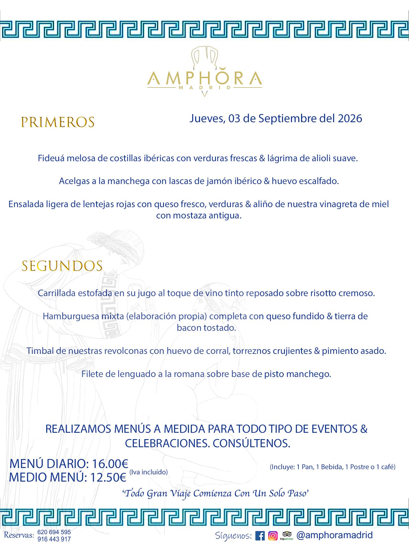 MENÚS DEL DÍA ALCORCÓN MENÚ DEL JUEVES 3 DE SEPTIEMBRE DE DE 2026 MENÚS DIARIOS MEJORES MENÚS RESTAURANTES ALCORCÓN RESTAURANTE AMPHORA TERRAZA EN ALCORCÓN (DISPONEMOS DE UNA GRAN TERRAZA) Av. Leganés, 54 28923 · Alcorcón · Madrid · España. 91 644 39 17 620 694 595 También realizamos menús especiales a medida personalizados a grupos para todo tipo de eventos, como celebraciones, comidas o cenas de empresas, bautizos, bodas, cumpleaños, cenas o comidas de navidad 2023 2024, etc. Consúltenos o visite nuestras excelentes y amplias instalaciones y les prepararemos el menú más ajustado a sus necesidades y presupuesto. #RestaurantesEventos #RestaurantesMenúsCelebraciones #RestaurantesSalonesBodasBautizosComuniones #MenúsEspecialesparaEventosAlcorcón #MenúsCelebracionesAlcorcón #RestaurantesSalonesMenúsEspecialesGrupos #RestaurantesMenúsCumpleaños #ComidasCenasEmpresasAlcorcón #MenúsparaCenasComidasEventosEmpresasMadrid #MejoresTerrazasMadrid #MejorTerrazaAlcorcónMadrid #PresupuestosMenúsBodasComunionesBautizosAlcorcón #RestaurantesSecretosconEncantoMadrid #RestaurantesMenúsCenasComidasGruposEmpresasNavidadesAlcorcon #SalonesComidasCenasEmpresasAlcorcón #MenúsEventos #MenúsBodas #MenúsComuniones #MenúsCumpleaños #MenúsBautizos #MenúsEventosAlcorcón #MenúsBodasAlcorcón #MenúsComunionesAlcorcón #MenúsCumpleañosAlcorcón #MenúsBautizosAlcorcón #MenúsNavidadAlcorcón #MenúsComidasNavidad #MenúsCenasNavidad #SalonesEventosAlcorcón RESTAURANTES ALCORCÓN CELEBRACIONES EVENTOS CUMPLEAÑOS BODAS COMUNIONES BAUTIZOS, MENÚS ESPECIALES A MEDIDA PARA REUNIONES FAMILIARES EVENTOS CELEBRACIONES BODAS COMUNIONES BAUTIZOS EN ALCORCÓN, RESTAURANTES SALONES GRUPOS COMIDAS CENAS EN ALCORCÓN, RESTAURANTES COMIDAS CENAS EMPRESA ALCORCÓN MADRID, MEJORES TERRAZAS ALCORCÓN, MEJOR TERRAZA ALCORCÓN, RESTAURANTES SECRETOS CON ENCANTO EN MADRID, RESTAURANTES MENUS GRUPOS ESPECIALES COMIDAS CENAS EMPRESAS NAVIDADES ALCORCÓN, CONSÚLTE NUESTROS MENÚS A MEDIDA PARA EVENTOS - REALIZAMOS MENÚS A MEDIDA PARA BODAS, COMUNIONES, BAUTIZOS, CUMPLEAÑOS, CENAS COMIDAS DE EMPRESAS, ETC - NUESTRO RESTAURANTE DIPONE DE UNA EXTRAORDINARIA TERRAZA PARA TODO TIPO DE EVENTOS - NUESTROS SALONES INTERIORES SE ADAPTAN A TODO DE EVENTOS, YA SEAN PARTICULARES COMO DE EMPRESAS - RESTAURANTE PREPARADO PARA TODO TIPO DE EVENTOS DE CLIENTES DE LA ZONA SUR SUROESTE DE MADRID COMO ALCORCÓN MÓSTOLES FUENLABRADA VILLAVICIOSA DE ODÓN POZUELO DE ALARCÓN GETAFE LAS ROZAS MAJADAHONDA - UNO DE LOS MEJORES RESTAURANTES DE MADRID PARA COMER O CENAR A LA CARTA O CON NUESTROS MENÚS - CELEBRE CON NOSOTROS SUS REUNIONES FAMILIARES CUMPLEAÑOS BAUTIZOS COMUNIONES BODAS PRESENTACIONES ETC. PUES SERÁN UN ÉXITO - MEJORES RESTAURANTES SALONES CELEBRACIONES EN ALCORCÓN -RESTAURANTES MENUS GRUPOS COMIDAS CENAS REUNIONES EMPRESAS NAVIDADES 2024 ALCORCÓN ZONA SUR MADRID.MENÚS DEL DÍA ALCORCÓN DIARIOS MEJORES MENÚS RESTAURANTES ALCORCÓN RESTAURANTE AMPHORA TERRAZA EN ALCORCÓN (DISPONEMOS DE UNA GRAN TERRAZA)