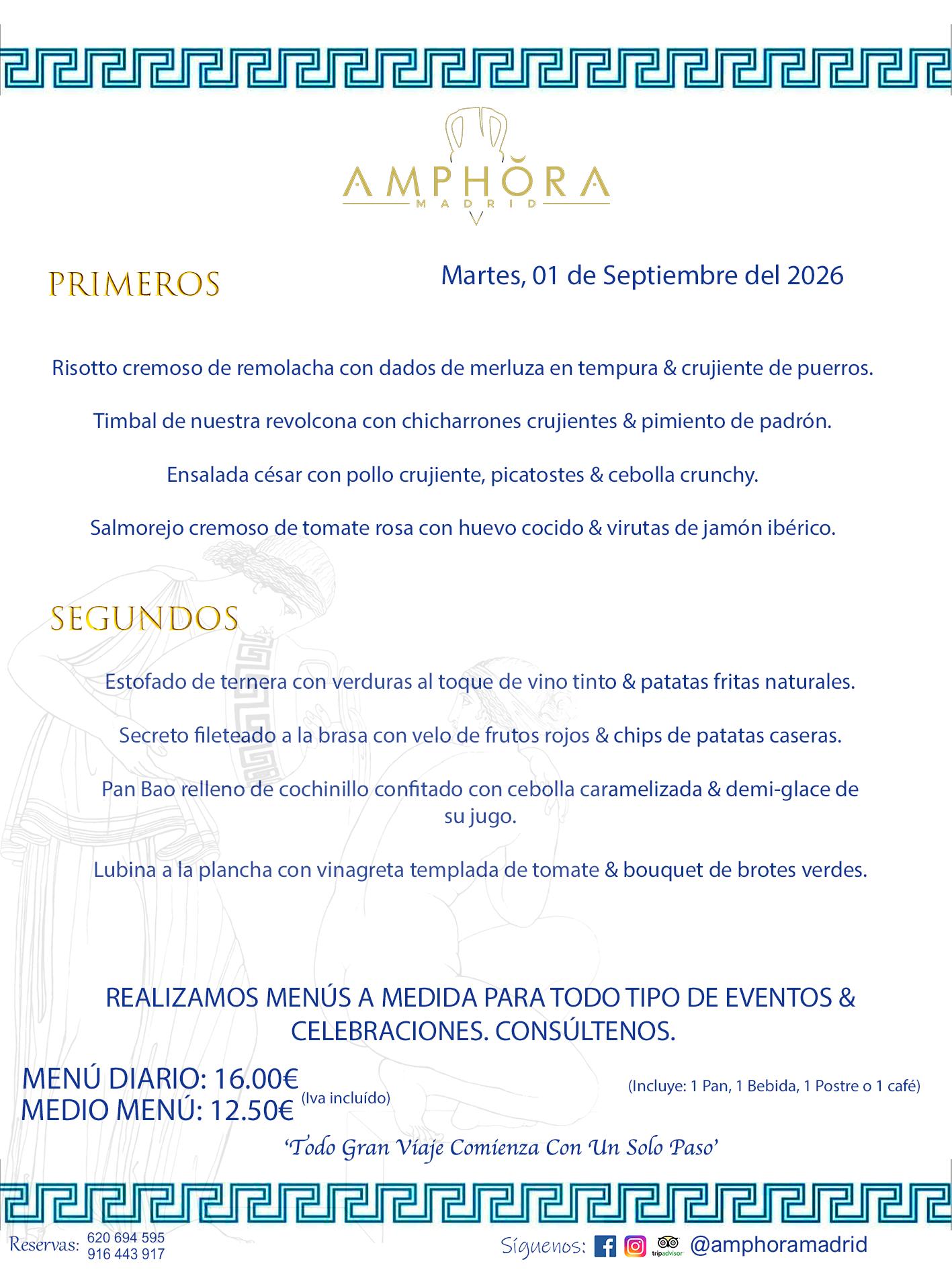 MENÚS DEL DÍA ALCORCÓN MENÚ DEL MARTES 1 DE SEPTIEMBRE DE DE 2026 MENÚS DIARIOS MEJORES MENÚS RESTAURANTES ALCORCÓN RESTAURANTE AMPHORA TERRAZA EN ALCORCÓN (DISPONEMOS DE UNA GRAN TERRAZA) Av. Leganés, 54 28923 · Alcorcón · Madrid · España. 91 644 39 17 620 694 595 También realizamos menús especiales a medida personalizados a grupos para todo tipo de eventos, como celebraciones, comidas o cenas de empresas, bautizos, bodas, cumpleaños, cenas o comidas de navidad 2023 2024, etc. Consúltenos o visite nuestras excelentes y amplias instalaciones y les prepararemos el menú más ajustado a sus necesidades y presupuesto. #RestaurantesEventos #RestaurantesMenúsCelebraciones #RestaurantesSalonesBodasBautizosComuniones #MenúsEspecialesparaEventosAlcorcón #MenúsCelebracionesAlcorcón #RestaurantesSalonesMenúsEspecialesGrupos #RestaurantesMenúsCumpleaños #ComidasCenasEmpresasAlcorcón #MenúsparaCenasComidasEventosEmpresasMadrid #MejoresTerrazasMadrid #MejorTerrazaAlcorcónMadrid #PresupuestosMenúsBodasComunionesBautizosAlcorcón #RestaurantesSecretosconEncantoMadrid #RestaurantesMenúsCenasComidasGruposEmpresasNavidadesAlcorcon #SalonesComidasCenasEmpresasAlcorcón #MenúsEventos #MenúsBodas #MenúsComuniones #MenúsCumpleaños #MenúsBautizos #MenúsEventosAlcorcón #MenúsBodasAlcorcón #MenúsComunionesAlcorcón #MenúsCumpleañosAlcorcón #MenúsBautizosAlcorcón #MenúsNavidadAlcorcón #MenúsComidasNavidad #MenúsCenasNavidad #SalonesEventosAlcorcón RESTAURANTES ALCORCÓN CELEBRACIONES EVENTOS CUMPLEAÑOS BODAS COMUNIONES BAUTIZOS, MENÚS ESPECIALES A MEDIDA PARA REUNIONES FAMILIARES EVENTOS CELEBRACIONES BODAS COMUNIONES BAUTIZOS EN ALCORCÓN, RESTAURANTES SALONES GRUPOS COMIDAS CENAS EN ALCORCÓN, RESTAURANTES COMIDAS CENAS EMPRESA ALCORCÓN MADRID, MEJORES TERRAZAS ALCORCÓN, MEJOR TERRAZA ALCORCÓN, RESTAURANTES SECRETOS CON ENCANTO EN MADRID, RESTAURANTES MENUS GRUPOS ESPECIALES COMIDAS CENAS EMPRESAS NAVIDADES ALCORCÓN, CONSÚLTE NUESTROS MENÚS A MEDIDA PARA EVENTOS - REALIZAMOS MENÚS A MEDIDA PARA BODAS, COMUNIONES, BAUTIZOS, CUMPLEAÑOS, CENAS COMIDAS DE EMPRESAS, ETC - NUESTRO RESTAURANTE DIPONE DE UNA EXTRAORDINARIA TERRAZA PARA TODO TIPO DE EVENTOS - NUESTROS SALONES INTERIORES SE ADAPTAN A TODO DE EVENTOS, YA SEAN PARTICULARES COMO DE EMPRESAS - RESTAURANTE PREPARADO PARA TODO TIPO DE EVENTOS DE CLIENTES DE LA ZONA SUR SUROESTE DE MADRID COMO ALCORCÓN MÓSTOLES FUENLABRADA VILLAVICIOSA DE ODÓN POZUELO DE ALARCÓN GETAFE LAS ROZAS MAJADAHONDA - UNO DE LOS MEJORES RESTAURANTES DE MADRID PARA COMER O CENAR A LA CARTA O CON NUESTROS MENÚS - CELEBRE CON NOSOTROS SUS REUNIONES FAMILIARES CUMPLEAÑOS BAUTIZOS COMUNIONES BODAS PRESENTACIONES ETC. PUES SERÁN UN ÉXITO - MEJORES RESTAURANTES SALONES CELEBRACIONES EN ALCORCÓN -RESTAURANTES MENUS GRUPOS COMIDAS CENAS REUNIONES EMPRESAS NAVIDADES 2024 ALCORCÓN ZONA SUR MADRID.MENÚS DEL DÍA ALCORCÓN DIARIOS MEJORES MENÚS RESTAURANTES ALCORCÓN RESTAURANTE AMPHORA TERRAZA EN ALCORCÓN (DISPONEMOS DE UNA GRAN TERRAZA)