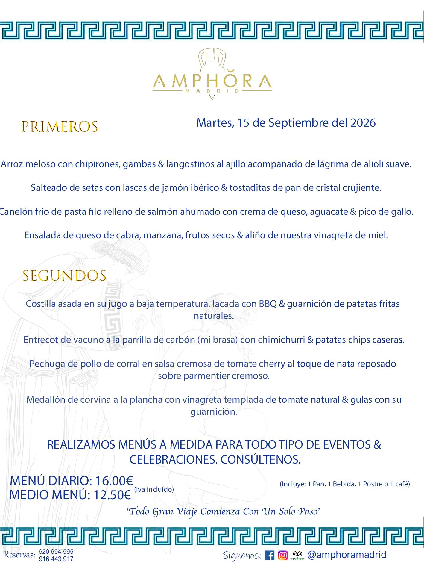 MENÚS DEL DÍA ALCORCÓN MENÚ DEL MARTES 15 DE SEPTIEMBRE DE DE 2026 MENÚS DIARIOS MEJORES MENÚS RESTAURANTES ALCORCÓN RESTAURANTE AMPHORA TERRAZA EN ALCORCÓN (DISPONEMOS DE UNA GRAN TERRAZA) Av. Leganés, 54 28923 · Alcorcón · Madrid · España. 91 644 39 17 620 694 595 También realizamos menús especiales a medida personalizados a grupos para todo tipo de eventos, como celebraciones, comidas o cenas de empresas, bautizos, bodas, cumpleaños, cenas o comidas de navidad 2023 2024, etc. Consúltenos o visite nuestras excelentes y amplias instalaciones y les prepararemos el menú más ajustado a sus necesidades y presupuesto. #RestaurantesEventos #RestaurantesMenúsCelebraciones #RestaurantesSalonesBodasBautizosComuniones #MenúsEspecialesparaEventosAlcorcón #MenúsCelebracionesAlcorcón #RestaurantesSalonesMenúsEspecialesGrupos #RestaurantesMenúsCumpleaños #ComidasCenasEmpresasAlcorcón #MenúsparaCenasComidasEventosEmpresasMadrid #MejoresTerrazasMadrid #MejorTerrazaAlcorcónMadrid #PresupuestosMenúsBodasComunionesBautizosAlcorcón #RestaurantesSecretosconEncantoMadrid #RestaurantesMenúsCenasComidasGruposEmpresasNavidadesAlcorcon #SalonesComidasCenasEmpresasAlcorcón #MenúsEventos #MenúsBodas #MenúsComuniones #MenúsCumpleaños #MenúsBautizos #MenúsEventosAlcorcón #MenúsBodasAlcorcón #MenúsComunionesAlcorcón #MenúsCumpleañosAlcorcón #MenúsBautizosAlcorcón #MenúsNavidadAlcorcón #MenúsComidasNavidad #MenúsCenasNavidad #SalonesEventosAlcorcón RESTAURANTES ALCORCÓN CELEBRACIONES EVENTOS CUMPLEAÑOS BODAS COMUNIONES BAUTIZOS, MENÚS ESPECIALES A MEDIDA PARA REUNIONES FAMILIARES EVENTOS CELEBRACIONES BODAS COMUNIONES BAUTIZOS EN ALCORCÓN, RESTAURANTES SALONES GRUPOS COMIDAS CENAS EN ALCORCÓN, RESTAURANTES COMIDAS CENAS EMPRESA ALCORCÓN MADRID, MEJORES TERRAZAS ALCORCÓN, MEJOR TERRAZA ALCORCÓN, RESTAURANTES SECRETOS CON ENCANTO EN MADRID, RESTAURANTES MENUS GRUPOS ESPECIALES COMIDAS CENAS EMPRESAS NAVIDADES ALCORCÓN, CONSÚLTE NUESTROS MENÚS A MEDIDA PARA EVENTOS - REALIZAMOS MENÚS A MEDIDA PARA BODAS, COMUNIONES, BAUTIZOS, CUMPLEAÑOS, CENAS COMIDAS DE EMPRESAS, ETC - NUESTRO RESTAURANTE DIPONE DE UNA EXTRAORDINARIA TERRAZA PARA TODO TIPO DE EVENTOS - NUESTROS SALONES INTERIORES SE ADAPTAN A TODO DE EVENTOS, YA SEAN PARTICULARES COMO DE EMPRESAS - RESTAURANTE PREPARADO PARA TODO TIPO DE EVENTOS DE CLIENTES DE LA ZONA SUR SUROESTE DE MADRID COMO ALCORCÓN MÓSTOLES FUENLABRADA VILLAVICIOSA DE ODÓN POZUELO DE ALARCÓN GETAFE LAS ROZAS MAJADAHONDA - UNO DE LOS MEJORES RESTAURANTES DE MADRID PARA COMER O CENAR A LA CARTA O CON NUESTROS MENÚS - CELEBRE CON NOSOTROS SUS REUNIONES FAMILIARES CUMPLEAÑOS BAUTIZOS COMUNIONES BODAS PRESENTACIONES ETC. PUES SERÁN UN ÉXITO - MEJORES RESTAURANTES SALONES CELEBRACIONES EN ALCORCÓN -RESTAURANTES MENUS GRUPOS COMIDAS CENAS REUNIONES EMPRESAS NAVIDADES 2024 ALCORCÓN ZONA SUR MADRID.MENÚS DEL DÍA ALCORCÓN DIARIOS MEJORES MENÚS RESTAURANTES ALCORCÓN RESTAURANTE AMPHORA TERRAZA EN ALCORCÓN (DISPONEMOS DE UNA GRAN TERRAZA)