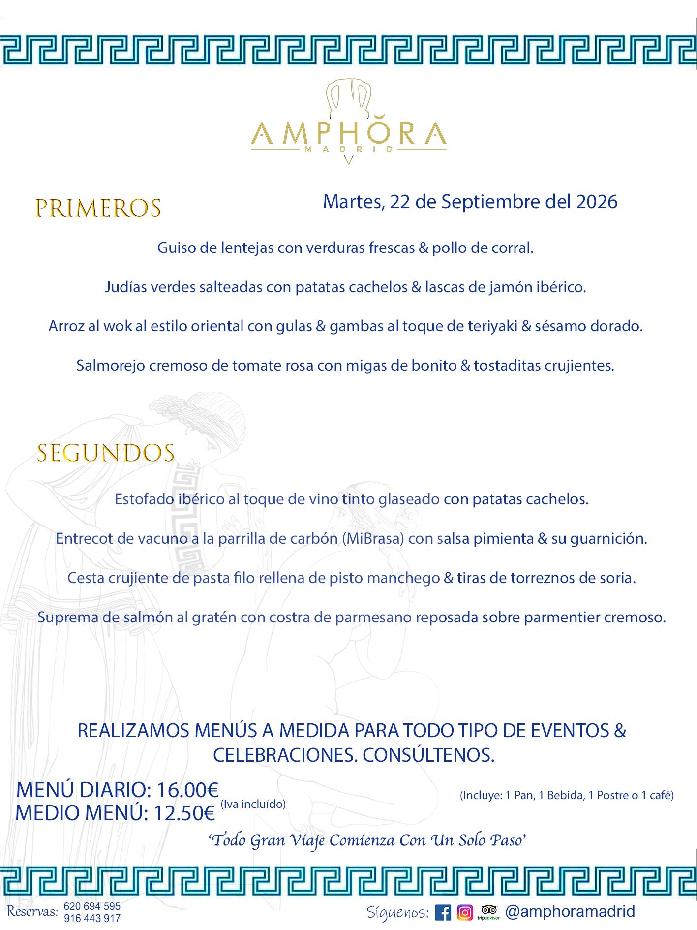 MENÚS DEL DÍA ALCORCÓN MENÚ DEL MARTES 22 DE SEPTIEMBRE DE DE 2026 MENÚS DIARIOS MEJORES MENÚS RESTAURANTES ALCORCÓN RESTAURANTE AMPHORA TERRAZA EN ALCORCÓN (DISPONEMOS DE UNA GRAN TERRAZA) Av. Leganés, 54 28923 · Alcorcón · Madrid · España. 91 644 39 17 620 694 595 También realizamos menús especiales a medida personalizados a grupos para todo tipo de eventos, como celebraciones, comidas o cenas de empresas, bautizos, bodas, cumpleaños, cenas o comidas de navidad 2023 2024, etc. Consúltenos o visite nuestras excelentes y amplias instalaciones y les prepararemos el menú más ajustado a sus necesidades y presupuesto. #RestaurantesEventos #RestaurantesMenúsCelebraciones #RestaurantesSalonesBodasBautizosComuniones #MenúsEspecialesparaEventosAlcorcón #MenúsCelebracionesAlcorcón #RestaurantesSalonesMenúsEspecialesGrupos #RestaurantesMenúsCumpleaños #ComidasCenasEmpresasAlcorcón #MenúsparaCenasComidasEventosEmpresasMadrid #MejoresTerrazasMadrid #MejorTerrazaAlcorcónMadrid #PresupuestosMenúsBodasComunionesBautizosAlcorcón #RestaurantesSecretosconEncantoMadrid #RestaurantesMenúsCenasComidasGruposEmpresasNavidadesAlcorcon #SalonesComidasCenasEmpresasAlcorcón #MenúsEventos #MenúsBodas #MenúsComuniones #MenúsCumpleaños #MenúsBautizos #MenúsEventosAlcorcón #MenúsBodasAlcorcón #MenúsComunionesAlcorcón #MenúsCumpleañosAlcorcón #MenúsBautizosAlcorcón #MenúsNavidadAlcorcón #MenúsComidasNavidad #MenúsCenasNavidad #SalonesEventosAlcorcón RESTAURANTES ALCORCÓN CELEBRACIONES EVENTOS CUMPLEAÑOS BODAS COMUNIONES BAUTIZOS, MENÚS ESPECIALES A MEDIDA PARA REUNIONES FAMILIARES EVENTOS CELEBRACIONES BODAS COMUNIONES BAUTIZOS EN ALCORCÓN, RESTAURANTES SALONES GRUPOS COMIDAS CENAS EN ALCORCÓN, RESTAURANTES COMIDAS CENAS EMPRESA ALCORCÓN MADRID, MEJORES TERRAZAS ALCORCÓN, MEJOR TERRAZA ALCORCÓN, RESTAURANTES SECRETOS CON ENCANTO EN MADRID, RESTAURANTES MENUS GRUPOS ESPECIALES COMIDAS CENAS EMPRESAS NAVIDADES ALCORCÓN, CONSÚLTE NUESTROS MENÚS A MEDIDA PARA EVENTOS - REALIZAMOS MENÚS A MEDIDA PARA BODAS, COMUNIONES, BAUTIZOS, CUMPLEAÑOS, CENAS COMIDAS DE EMPRESAS, ETC - NUESTRO RESTAURANTE DIPONE DE UNA EXTRAORDINARIA TERRAZA PARA TODO TIPO DE EVENTOS - NUESTROS SALONES INTERIORES SE ADAPTAN A TODO DE EVENTOS, YA SEAN PARTICULARES COMO DE EMPRESAS - RESTAURANTE PREPARADO PARA TODO TIPO DE EVENTOS DE CLIENTES DE LA ZONA SUR SUROESTE DE MADRID COMO ALCORCÓN MÓSTOLES FUENLABRADA VILLAVICIOSA DE ODÓN POZUELO DE ALARCÓN GETAFE LAS ROZAS MAJADAHONDA - UNO DE LOS MEJORES RESTAURANTES DE MADRID PARA COMER O CENAR A LA CARTA O CON NUESTROS MENÚS - CELEBRE CON NOSOTROS SUS REUNIONES FAMILIARES CUMPLEAÑOS BAUTIZOS COMUNIONES BODAS PRESENTACIONES ETC. PUES SERÁN UN ÉXITO - MEJORES RESTAURANTES SALONES CELEBRACIONES EN ALCORCÓN -RESTAURANTES MENUS GRUPOS COMIDAS CENAS REUNIONES EMPRESAS NAVIDADES 2024 ALCORCÓN ZONA SUR MADRID.MENÚS DEL DÍA ALCORCÓN DIARIOS MEJORES MENÚS RESTAURANTES ALCORCÓN RESTAURANTE AMPHORA TERRAZA EN ALCORCÓN (DISPONEMOS DE UNA GRAN TERRAZA)