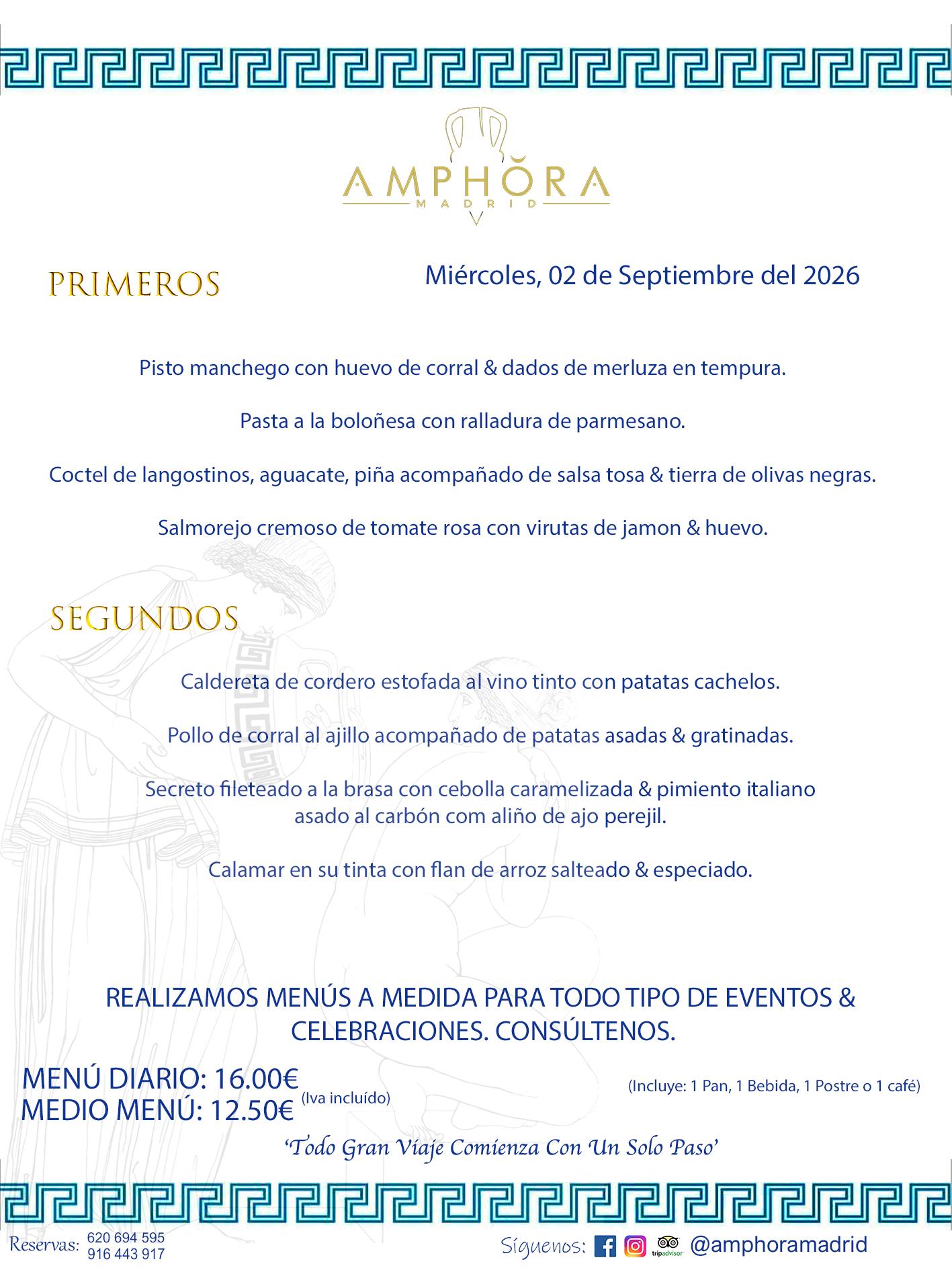 MENÚS DEL DÍA ALCORCÓN MENÚ DEL MIÉRCOLES 2 DE SEPTIEMBRE DE DE 2026 MENÚS DIARIOS MEJORES MENÚS RESTAURANTES ALCORCÓN RESTAURANTE AMPHORA TERRAZA EN ALCORCÓN (DISPONEMOS DE UNA GRAN TERRAZA) Av. Leganés, 54 28923 · Alcorcón · Madrid · España. 91 644 39 17 620 694 595 También realizamos menús especiales a medida personalizados a grupos para todo tipo de eventos, como celebraciones, comidas o cenas de empresas, bautizos, bodas, cumpleaños, cenas o comidas de navidad 2023 2024, etc. Consúltenos o visite nuestras excelentes y amplias instalaciones y les prepararemos el menú más ajustado a sus necesidades y presupuesto. #RestaurantesEventos #RestaurantesMenúsCelebraciones #RestaurantesSalonesBodasBautizosComuniones #MenúsEspecialesparaEventosAlcorcón #MenúsCelebracionesAlcorcón #RestaurantesSalonesMenúsEspecialesGrupos #RestaurantesMenúsCumpleaños #ComidasCenasEmpresasAlcorcón #MenúsparaCenasComidasEventosEmpresasMadrid #MejoresTerrazasMadrid #MejorTerrazaAlcorcónMadrid #PresupuestosMenúsBodasComunionesBautizosAlcorcón #RestaurantesSecretosconEncantoMadrid #RestaurantesMenúsCenasComidasGruposEmpresasNavidadesAlcorcon #SalonesComidasCenasEmpresasAlcorcón #MenúsEventos #MenúsBodas #MenúsComuniones #MenúsCumpleaños #MenúsBautizos #MenúsEventosAlcorcón #MenúsBodasAlcorcón #MenúsComunionesAlcorcón #MenúsCumpleañosAlcorcón #MenúsBautizosAlcorcón #MenúsNavidadAlcorcón #MenúsComidasNavidad #MenúsCenasNavidad #SalonesEventosAlcorcón RESTAURANTES ALCORCÓN CELEBRACIONES EVENTOS CUMPLEAÑOS BODAS COMUNIONES BAUTIZOS, MENÚS ESPECIALES A MEDIDA PARA REUNIONES FAMILIARES EVENTOS CELEBRACIONES BODAS COMUNIONES BAUTIZOS EN ALCORCÓN, RESTAURANTES SALONES GRUPOS COMIDAS CENAS EN ALCORCÓN, RESTAURANTES COMIDAS CENAS EMPRESA ALCORCÓN MADRID, MEJORES TERRAZAS ALCORCÓN, MEJOR TERRAZA ALCORCÓN, RESTAURANTES SECRETOS CON ENCANTO EN MADRID, RESTAURANTES MENUS GRUPOS ESPECIALES COMIDAS CENAS EMPRESAS NAVIDADES ALCORCÓN, CONSÚLTE NUESTROS MENÚS A MEDIDA PARA EVENTOS - REALIZAMOS MENÚS A MEDIDA PARA BODAS, COMUNIONES, BAUTIZOS, CUMPLEAÑOS, CENAS COMIDAS DE EMPRESAS, ETC - NUESTRO RESTAURANTE DIPONE DE UNA EXTRAORDINARIA TERRAZA PARA TODO TIPO DE EVENTOS - NUESTROS SALONES INTERIORES SE ADAPTAN A TODO DE EVENTOS, YA SEAN PARTICULARES COMO DE EMPRESAS - RESTAURANTE PREPARADO PARA TODO TIPO DE EVENTOS DE CLIENTES DE LA ZONA SUR SUROESTE DE MADRID COMO ALCORCÓN MÓSTOLES FUENLABRADA VILLAVICIOSA DE ODÓN POZUELO DE ALARCÓN GETAFE LAS ROZAS MAJADAHONDA - UNO DE LOS MEJORES RESTAURANTES DE MADRID PARA COMER O CENAR A LA CARTA O CON NUESTROS MENÚS - CELEBRE CON NOSOTROS SUS REUNIONES FAMILIARES CUMPLEAÑOS BAUTIZOS COMUNIONES BODAS PRESENTACIONES ETC. PUES SERÁN UN ÉXITO - MEJORES RESTAURANTES SALONES CELEBRACIONES EN ALCORCÓN -RESTAURANTES MENUS GRUPOS COMIDAS CENAS REUNIONES EMPRESAS NAVIDADES 2024 ALCORCÓN ZONA SUR MADRID.MENÚS DEL DÍA ALCORCÓN DIARIOS MEJORES MENÚS RESTAURANTES ALCORCÓN RESTAURANTE AMPHORA TERRAZA EN ALCORCÓN (DISPONEMOS DE UNA GRAN TERRAZA)