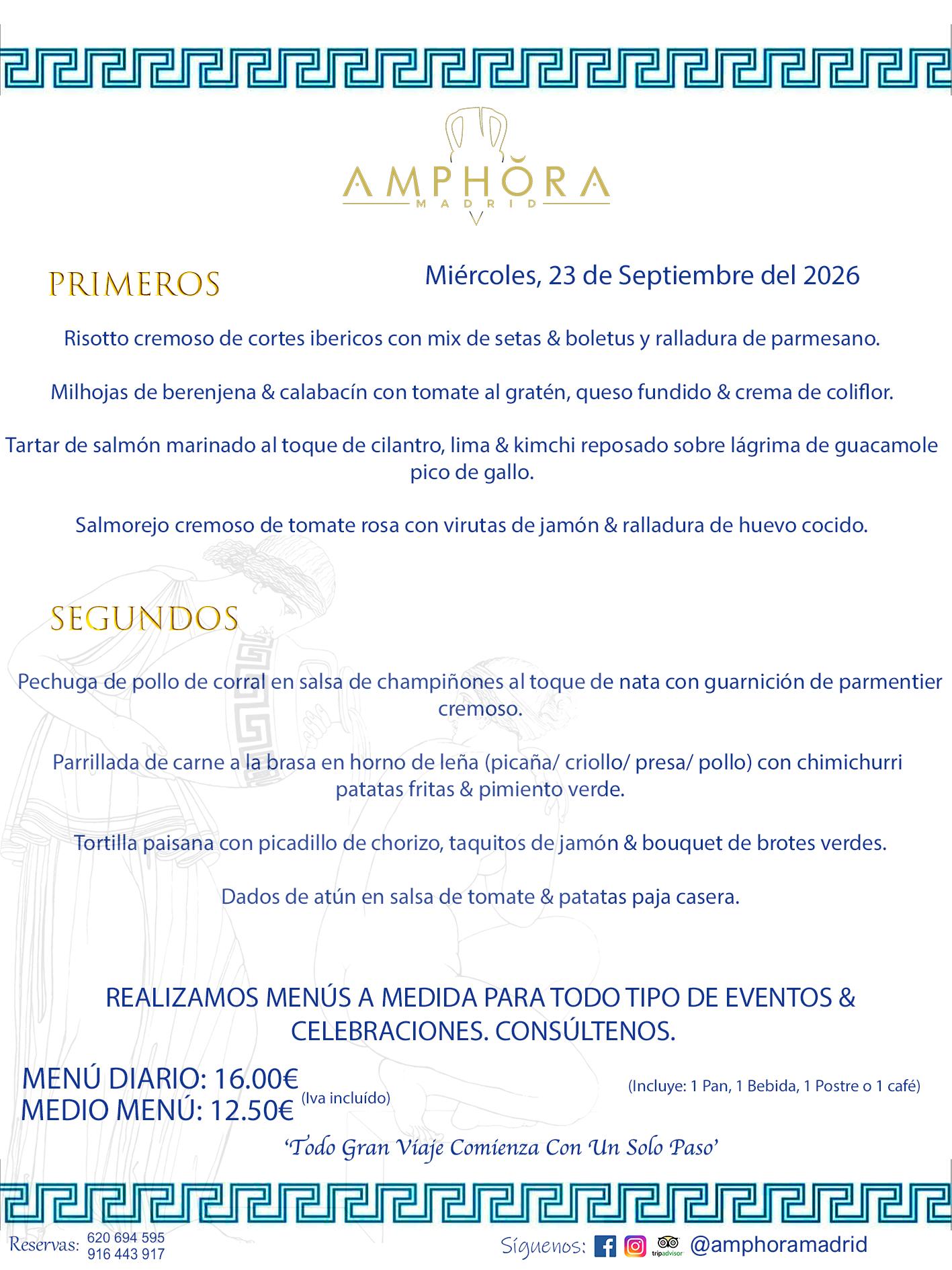 MENÚS DEL DÍA ALCORCÓN MENÚ DEL MIÉRCOLES 23 DE SEPTIEMBRE DE DE 2026 MENÚS DIARIOS MEJORES MENÚS RESTAURANTES ALCORCÓN RESTAURANTE AMPHORA TERRAZA EN ALCORCÓN (DISPONEMOS DE UNA GRAN TERRAZA) Av. Leganés, 54 28923 · Alcorcón · Madrid · España. 91 644 39 17 620 694 595 También realizamos menús especiales a medida personalizados a grupos para todo tipo de eventos, como celebraciones, comidas o cenas de empresas, bautizos, bodas, cumpleaños, cenas o comidas de navidad 2023 2024, etc. Consúltenos o visite nuestras excelentes y amplias instalaciones y les prepararemos el menú más ajustado a sus necesidades y presupuesto. #RestaurantesEventos #RestaurantesMenúsCelebraciones #RestaurantesSalonesBodasBautizosComuniones #MenúsEspecialesparaEventosAlcorcón #MenúsCelebracionesAlcorcón #RestaurantesSalonesMenúsEspecialesGrupos #RestaurantesMenúsCumpleaños #ComidasCenasEmpresasAlcorcón #MenúsparaCenasComidasEventosEmpresasMadrid #MejoresTerrazasMadrid #MejorTerrazaAlcorcónMadrid #PresupuestosMenúsBodasComunionesBautizosAlcorcón #RestaurantesSecretosconEncantoMadrid #RestaurantesMenúsCenasComidasGruposEmpresasNavidadesAlcorcon #SalonesComidasCenasEmpresasAlcorcón #MenúsEventos #MenúsBodas #MenúsComuniones #MenúsCumpleaños #MenúsBautizos #MenúsEventosAlcorcón #MenúsBodasAlcorcón #MenúsComunionesAlcorcón #MenúsCumpleañosAlcorcón #MenúsBautizosAlcorcón #MenúsNavidadAlcorcón #MenúsComidasNavidad #MenúsCenasNavidad #SalonesEventosAlcorcón RESTAURANTES ALCORCÓN CELEBRACIONES EVENTOS CUMPLEAÑOS BODAS COMUNIONES BAUTIZOS, MENÚS ESPECIALES A MEDIDA PARA REUNIONES FAMILIARES EVENTOS CELEBRACIONES BODAS COMUNIONES BAUTIZOS EN ALCORCÓN, RESTAURANTES SALONES GRUPOS COMIDAS CENAS EN ALCORCÓN, RESTAURANTES COMIDAS CENAS EMPRESA ALCORCÓN MADRID, MEJORES TERRAZAS ALCORCÓN, MEJOR TERRAZA ALCORCÓN, RESTAURANTES SECRETOS CON ENCANTO EN MADRID, RESTAURANTES MENUS GRUPOS ESPECIALES COMIDAS CENAS EMPRESAS NAVIDADES ALCORCÓN, CONSÚLTE NUESTROS MENÚS A MEDIDA PARA EVENTOS - REALIZAMOS MENÚS A MEDIDA PARA BODAS, COMUNIONES, BAUTIZOS, CUMPLEAÑOS, CENAS COMIDAS DE EMPRESAS, ETC - NUESTRO RESTAURANTE DIPONE DE UNA EXTRAORDINARIA TERRAZA PARA TODO TIPO DE EVENTOS - NUESTROS SALONES INTERIORES SE ADAPTAN A TODO DE EVENTOS, YA SEAN PARTICULARES COMO DE EMPRESAS - RESTAURANTE PREPARADO PARA TODO TIPO DE EVENTOS DE CLIENTES DE LA ZONA SUR SUROESTE DE MADRID COMO ALCORCÓN MÓSTOLES FUENLABRADA VILLAVICIOSA DE ODÓN POZUELO DE ALARCÓN GETAFE LAS ROZAS MAJADAHONDA - UNO DE LOS MEJORES RESTAURANTES DE MADRID PARA COMER O CENAR A LA CARTA O CON NUESTROS MENÚS - CELEBRE CON NOSOTROS SUS REUNIONES FAMILIARES CUMPLEAÑOS BAUTIZOS COMUNIONES BODAS PRESENTACIONES ETC. PUES SERÁN UN ÉXITO - MEJORES RESTAURANTES SALONES CELEBRACIONES EN ALCORCÓN -RESTAURANTES MENUS GRUPOS COMIDAS CENAS REUNIONES EMPRESAS NAVIDADES 2024 ALCORCÓN ZONA SUR MADRID.MENÚS DEL DÍA ALCORCÓN DIARIOS MEJORES MENÚS RESTAURANTES ALCORCÓN RESTAURANTE AMPHORA TERRAZA EN ALCORCÓN (DISPONEMOS DE UNA GRAN TERRAZA)
