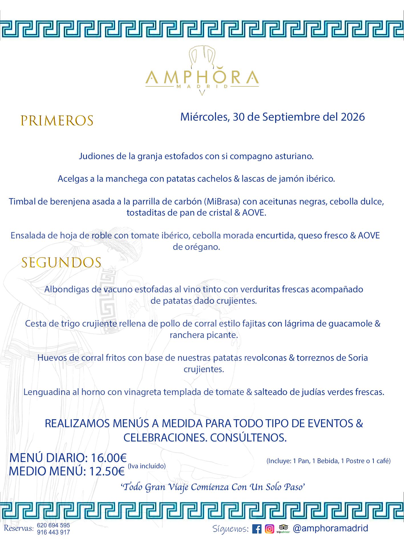 MENÚS DEL DÍA ALCORCÓN MENÚ DEL MIÉRCOLES 30 DE SEPTIEMBRE DE DE 2026 MENÚS DIARIOS MEJORES MENÚS RESTAURANTES ALCORCÓN RESTAURANTE AMPHORA TERRAZA EN ALCORCÓN (DISPONEMOS DE UNA GRAN TERRAZA) Av. Leganés, 54 28923 · Alcorcón · Madrid · España. 91 644 39 17 620 694 595 También realizamos menús especiales a medida personalizados a grupos para todo tipo de eventos, como celebraciones, comidas o cenas de empresas, bautizos, bodas, cumpleaños, cenas o comidas de navidad 2023 2024, etc. Consúltenos o visite nuestras excelentes y amplias instalaciones y les prepararemos el menú más ajustado a sus necesidades y presupuesto. #RestaurantesEventos #RestaurantesMenúsCelebraciones #RestaurantesSalonesBodasBautizosComuniones #MenúsEspecialesparaEventosAlcorcón #MenúsCelebracionesAlcorcón #RestaurantesSalonesMenúsEspecialesGrupos #RestaurantesMenúsCumpleaños #ComidasCenasEmpresasAlcorcón #MenúsparaCenasComidasEventosEmpresasMadrid #MejoresTerrazasMadrid #MejorTerrazaAlcorcónMadrid #PresupuestosMenúsBodasComunionesBautizosAlcorcón #RestaurantesSecretosconEncantoMadrid #RestaurantesMenúsCenasComidasGruposEmpresasNavidadesAlcorcon #SalonesComidasCenasEmpresasAlcorcón #MenúsEventos #MenúsBodas #MenúsComuniones #MenúsCumpleaños #MenúsBautizos #MenúsEventosAlcorcón #MenúsBodasAlcorcón #MenúsComunionesAlcorcón #MenúsCumpleañosAlcorcón #MenúsBautizosAlcorcón #MenúsNavidadAlcorcón #MenúsComidasNavidad #MenúsCenasNavidad #SalonesEventosAlcorcón RESTAURANTES ALCORCÓN CELEBRACIONES EVENTOS CUMPLEAÑOS BODAS COMUNIONES BAUTIZOS, MENÚS ESPECIALES A MEDIDA PARA REUNIONES FAMILIARES EVENTOS CELEBRACIONES BODAS COMUNIONES BAUTIZOS EN ALCORCÓN, RESTAURANTES SALONES GRUPOS COMIDAS CENAS EN ALCORCÓN, RESTAURANTES COMIDAS CENAS EMPRESA ALCORCÓN MADRID, MEJORES TERRAZAS ALCORCÓN, MEJOR TERRAZA ALCORCÓN, RESTAURANTES SECRETOS CON ENCANTO EN MADRID, RESTAURANTES MENUS GRUPOS ESPECIALES COMIDAS CENAS EMPRESAS NAVIDADES ALCORCÓN, CONSÚLTE NUESTROS MENÚS A MEDIDA PARA EVENTOS - REALIZAMOS MENÚS A MEDIDA PARA BODAS, COMUNIONES, BAUTIZOS, CUMPLEAÑOS, CENAS COMIDAS DE EMPRESAS, ETC - NUESTRO RESTAURANTE DIPONE DE UNA EXTRAORDINARIA TERRAZA PARA TODO TIPO DE EVENTOS - NUESTROS SALONES INTERIORES SE ADAPTAN A TODO DE EVENTOS, YA SEAN PARTICULARES COMO DE EMPRESAS - RESTAURANTE PREPARADO PARA TODO TIPO DE EVENTOS DE CLIENTES DE LA ZONA SUR SUROESTE DE MADRID COMO ALCORCÓN MÓSTOLES FUENLABRADA VILLAVICIOSA DE ODÓN POZUELO DE ALARCÓN GETAFE LAS ROZAS MAJADAHONDA - UNO DE LOS MEJORES RESTAURANTES DE MADRID PARA COMER O CENAR A LA CARTA O CON NUESTROS MENÚS - CELEBRE CON NOSOTROS SUS REUNIONES FAMILIARES CUMPLEAÑOS BAUTIZOS COMUNIONES BODAS PRESENTACIONES ETC. PUES SERÁN UN ÉXITO - MEJORES RESTAURANTES SALONES CELEBRACIONES EN ALCORCÓN -RESTAURANTES MENUS GRUPOS COMIDAS CENAS REUNIONES EMPRESAS NAVIDADES 2024 ALCORCÓN ZONA SUR MADRID.MENÚS DEL DÍA ALCORCÓN DIARIOS MEJORES MENÚS RESTAURANTES ALCORCÓN RESTAURANTE AMPHORA TERRAZA EN ALCORCÓN (DISPONEMOS DE UNA GRAN TERRAZA)