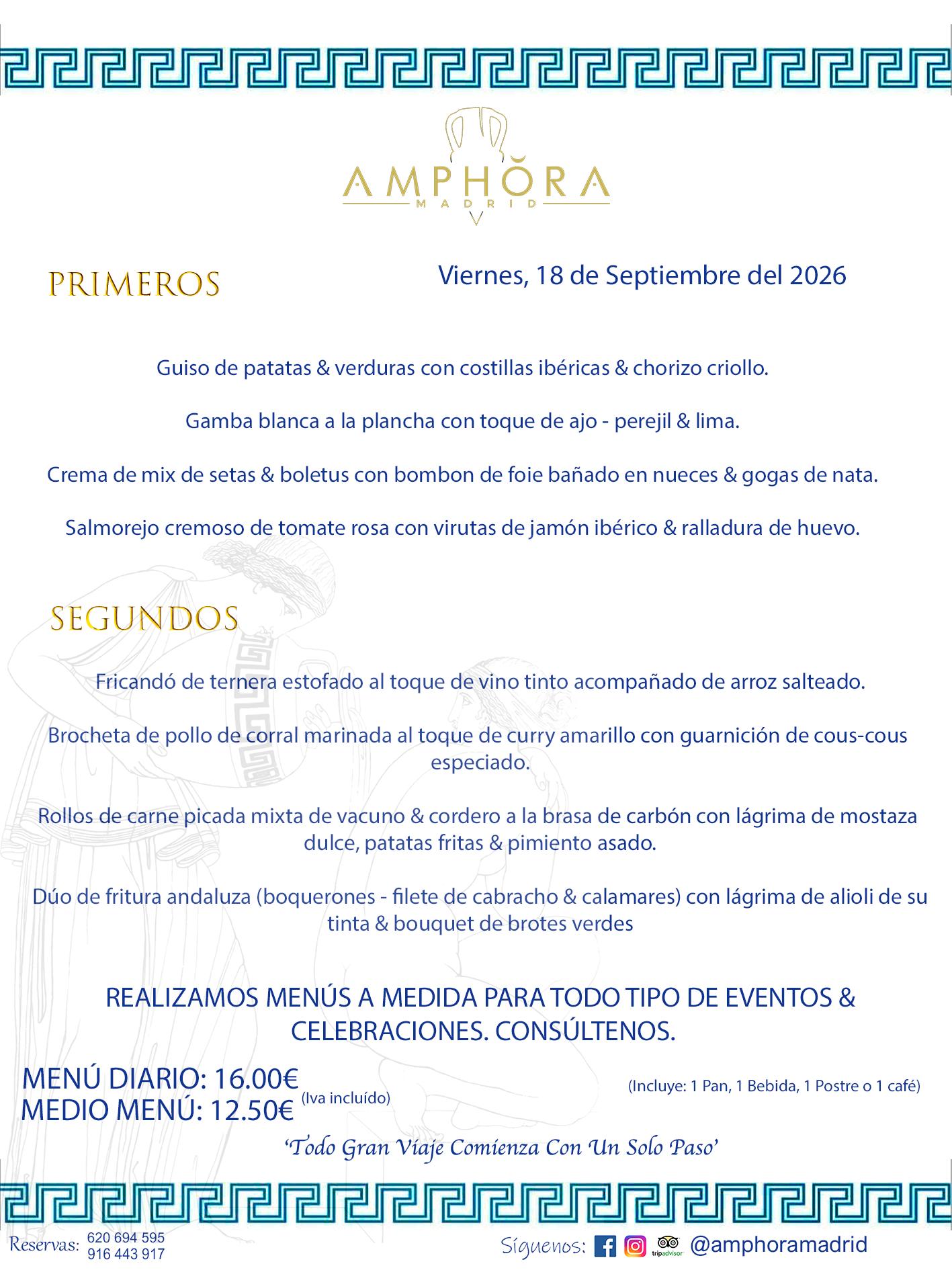 MENÚS DEL DÍA ALCORCÓN MENÚ DEL VIERNES 18 DE SEPTIEMBRE DE DE 2026 MENÚS DIARIOS MEJORES MENÚS RESTAURANTES ALCORCÓN RESTAURANTE AMPHORA TERRAZA EN ALCORCÓN (DISPONEMOS DE UNA GRAN TERRAZA) Av. Leganés, 54 28923 · Alcorcón · Madrid · España. 91 644 39 17 620 694 595 También realizamos menús especiales a medida personalizados a grupos para todo tipo de eventos, como celebraciones, comidas o cenas de empresas, bautizos, bodas, cumpleaños, cenas o comidas de navidad 2023 2024, etc. Consúltenos o visite nuestras excelentes y amplias instalaciones y les prepararemos el menú más ajustado a sus necesidades y presupuesto. #RestaurantesEventos #RestaurantesMenúsCelebraciones #RestaurantesSalonesBodasBautizosComuniones #MenúsEspecialesparaEventosAlcorcón #MenúsCelebracionesAlcorcón #RestaurantesSalonesMenúsEspecialesGrupos #RestaurantesMenúsCumpleaños #ComidasCenasEmpresasAlcorcón #MenúsparaCenasComidasEventosEmpresasMadrid #MejoresTerrazasMadrid #MejorTerrazaAlcorcónMadrid #PresupuestosMenúsBodasComunionesBautizosAlcorcón #RestaurantesSecretosconEncantoMadrid #RestaurantesMenúsCenasComidasGruposEmpresasNavidadesAlcorcon #SalonesComidasCenasEmpresasAlcorcón #MenúsEventos #MenúsBodas #MenúsComuniones #MenúsCumpleaños #MenúsBautizos #MenúsEventosAlcorcón #MenúsBodasAlcorcón #MenúsComunionesAlcorcón #MenúsCumpleañosAlcorcón #MenúsBautizosAlcorcón #MenúsNavidadAlcorcón #MenúsComidasNavidad #MenúsCenasNavidad #SalonesEventosAlcorcón RESTAURANTES ALCORCÓN CELEBRACIONES EVENTOS CUMPLEAÑOS BODAS COMUNIONES BAUTIZOS, MENÚS ESPECIALES A MEDIDA PARA REUNIONES FAMILIARES EVENTOS CELEBRACIONES BODAS COMUNIONES BAUTIZOS EN ALCORCÓN, RESTAURANTES SALONES GRUPOS COMIDAS CENAS EN ALCORCÓN, RESTAURANTES COMIDAS CENAS EMPRESA ALCORCÓN MADRID, MEJORES TERRAZAS ALCORCÓN, MEJOR TERRAZA ALCORCÓN, RESTAURANTES SECRETOS CON ENCANTO EN MADRID, RESTAURANTES MENUS GRUPOS ESPECIALES COMIDAS CENAS EMPRESAS NAVIDADES ALCORCÓN, CONSÚLTE NUESTROS MENÚS A MEDIDA PARA EVENTOS - REALIZAMOS MENÚS A MEDIDA PARA BODAS, COMUNIONES, BAUTIZOS, CUMPLEAÑOS, CENAS COMIDAS DE EMPRESAS, ETC - NUESTRO RESTAURANTE DIPONE DE UNA EXTRAORDINARIA TERRAZA PARA TODO TIPO DE EVENTOS - NUESTROS SALONES INTERIORES SE ADAPTAN A TODO DE EVENTOS, YA SEAN PARTICULARES COMO DE EMPRESAS - RESTAURANTE PREPARADO PARA TODO TIPO DE EVENTOS DE CLIENTES DE LA ZONA SUR SUROESTE DE MADRID COMO ALCORCÓN MÓSTOLES FUENLABRADA VILLAVICIOSA DE ODÓN POZUELO DE ALARCÓN GETAFE LAS ROZAS MAJADAHONDA - UNO DE LOS MEJORES RESTAURANTES DE MADRID PARA COMER O CENAR A LA CARTA O CON NUESTROS MENÚS - CELEBRE CON NOSOTROS SUS REUNIONES FAMILIARES CUMPLEAÑOS BAUTIZOS COMUNIONES BODAS PRESENTACIONES ETC. PUES SERÁN UN ÉXITO - MEJORES RESTAURANTES SALONES CELEBRACIONES EN ALCORCÓN -RESTAURANTES MENUS GRUPOS COMIDAS CENAS REUNIONES EMPRESAS NAVIDADES 2024 ALCORCÓN ZONA SUR MADRID.MENÚS DEL DÍA ALCORCÓN DIARIOS MEJORES MENÚS RESTAURANTES ALCORCÓN RESTAURANTE AMPHORA TERRAZA EN ALCORCÓN (DISPONEMOS DE UNA GRAN TERRAZA)