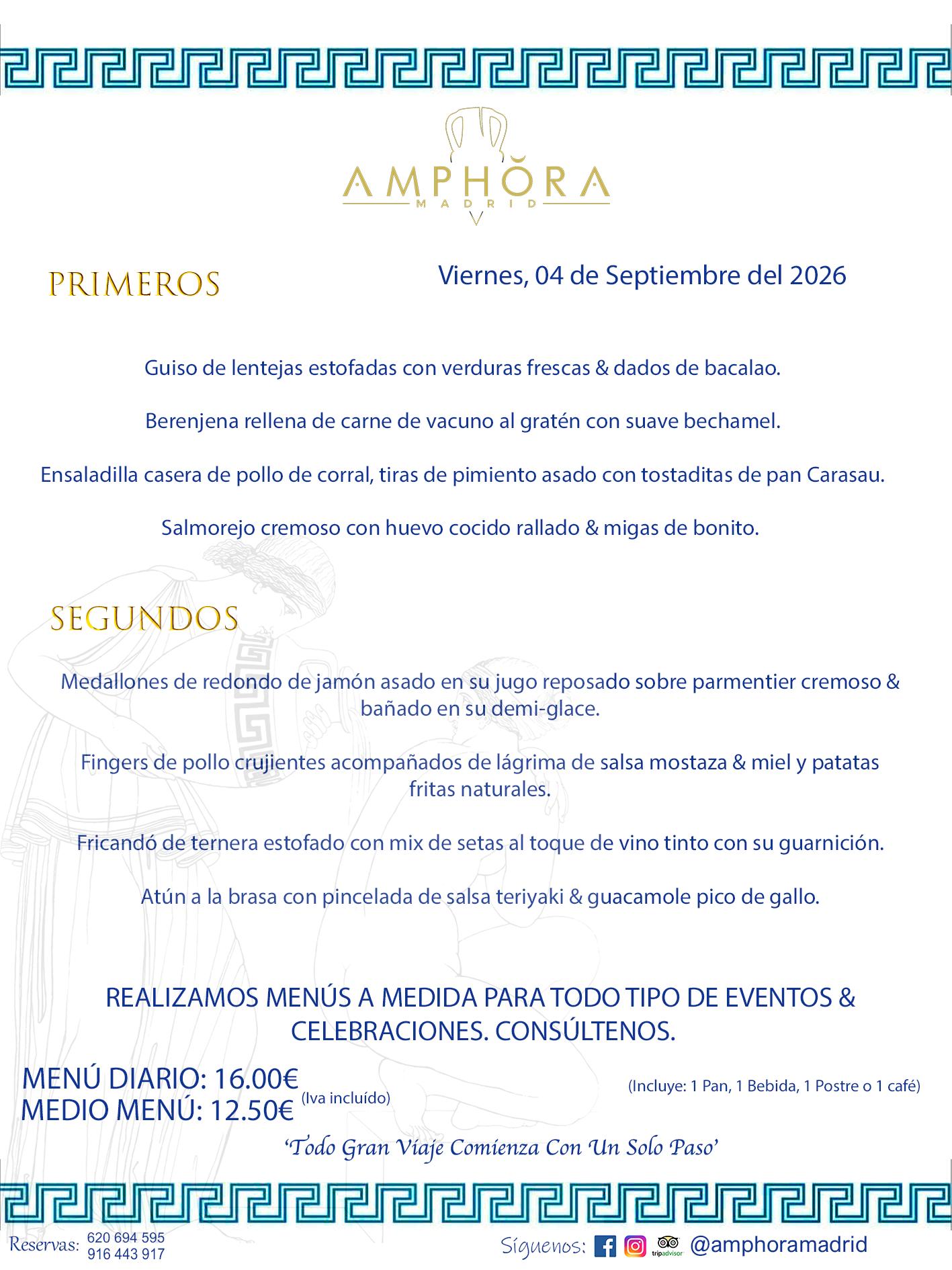 MENÚS DEL DÍA ALCORCÓN MENÚ DEL VIERNES 4 DE SEPTIEMBRE DE DE 2026 MENÚS DIARIOS MEJORES MENÚS RESTAURANTES ALCORCÓN RESTAURANTE AMPHORA TERRAZA EN ALCORCÓN (DISPONEMOS DE UNA GRAN TERRAZA) Av. Leganés, 54 28923 · Alcorcón · Madrid · España. 91 644 39 17 620 694 595 También realizamos menús especiales a medida personalizados a grupos para todo tipo de eventos, como celebraciones, comidas o cenas de empresas, bautizos, bodas, cumpleaños, cenas o comidas de navidad 2023 2024, etc. Consúltenos o visite nuestras excelentes y amplias instalaciones y les prepararemos el menú más ajustado a sus necesidades y presupuesto. #RestaurantesEventos #RestaurantesMenúsCelebraciones #RestaurantesSalonesBodasBautizosComuniones #MenúsEspecialesparaEventosAlcorcón #MenúsCelebracionesAlcorcón #RestaurantesSalonesMenúsEspecialesGrupos #RestaurantesMenúsCumpleaños #ComidasCenasEmpresasAlcorcón #MenúsparaCenasComidasEventosEmpresasMadrid #MejoresTerrazasMadrid #MejorTerrazaAlcorcónMadrid #PresupuestosMenúsBodasComunionesBautizosAlcorcón #RestaurantesSecretosconEncantoMadrid #RestaurantesMenúsCenasComidasGruposEmpresasNavidadesAlcorcon #SalonesComidasCenasEmpresasAlcorcón #MenúsEventos #MenúsBodas #MenúsComuniones #MenúsCumpleaños #MenúsBautizos #MenúsEventosAlcorcón #MenúsBodasAlcorcón #MenúsComunionesAlcorcón #MenúsCumpleañosAlcorcón #MenúsBautizosAlcorcón #MenúsNavidadAlcorcón #MenúsComidasNavidad #MenúsCenasNavidad #SalonesEventosAlcorcón RESTAURANTES ALCORCÓN CELEBRACIONES EVENTOS CUMPLEAÑOS BODAS COMUNIONES BAUTIZOS, MENÚS ESPECIALES A MEDIDA PARA REUNIONES FAMILIARES EVENTOS CELEBRACIONES BODAS COMUNIONES BAUTIZOS EN ALCORCÓN, RESTAURANTES SALONES GRUPOS COMIDAS CENAS EN ALCORCÓN, RESTAURANTES COMIDAS CENAS EMPRESA ALCORCÓN MADRID, MEJORES TERRAZAS ALCORCÓN, MEJOR TERRAZA ALCORCÓN, RESTAURANTES SECRETOS CON ENCANTO EN MADRID, RESTAURANTES MENUS GRUPOS ESPECIALES COMIDAS CENAS EMPRESAS NAVIDADES ALCORCÓN, CONSÚLTE NUESTROS MENÚS A MEDIDA PARA EVENTOS - REALIZAMOS MENÚS A MEDIDA PARA BODAS, COMUNIONES, BAUTIZOS, CUMPLEAÑOS, CENAS COMIDAS DE EMPRESAS, ETC - NUESTRO RESTAURANTE DIPONE DE UNA EXTRAORDINARIA TERRAZA PARA TODO TIPO DE EVENTOS - NUESTROS SALONES INTERIORES SE ADAPTAN A TODO DE EVENTOS, YA SEAN PARTICULARES COMO DE EMPRESAS - RESTAURANTE PREPARADO PARA TODO TIPO DE EVENTOS DE CLIENTES DE LA ZONA SUR SUROESTE DE MADRID COMO ALCORCÓN MÓSTOLES FUENLABRADA VILLAVICIOSA DE ODÓN POZUELO DE ALARCÓN GETAFE LAS ROZAS MAJADAHONDA - UNO DE LOS MEJORES RESTAURANTES DE MADRID PARA COMER O CENAR A LA CARTA O CON NUESTROS MENÚS - CELEBRE CON NOSOTROS SUS REUNIONES FAMILIARES CUMPLEAÑOS BAUTIZOS COMUNIONES BODAS PRESENTACIONES ETC. PUES SERÁN UN ÉXITO - MEJORES RESTAURANTES SALONES CELEBRACIONES EN ALCORCÓN -RESTAURANTES MENUS GRUPOS COMIDAS CENAS REUNIONES EMPRESAS NAVIDADES 2024 ALCORCÓN ZONA SUR MADRID.MENÚS DEL DÍA ALCORCÓN DIARIOS MEJORES MENÚS RESTAURANTES ALCORCÓN RESTAURANTE AMPHORA TERRAZA EN ALCORCÓN (DISPONEMOS DE UNA GRAN TERRAZA)
