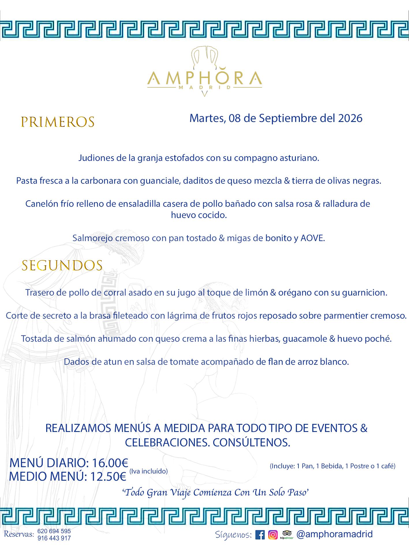 MENÚS DEL DÍA ALCORCÓN MENÚ DEL MARTES 8 DE SEPTIEMBRE DE DE 2026 MENÚS DIARIOS MEJORES MENÚS RESTAURANTES ALCORCÓN RESTAURANTE AMPHORA TERRAZA EN ALCORCÓN (DISPONEMOS DE UNA GRAN TERRAZA) Av. Leganés, 54 28923 · Alcorcón · Madrid · España. 91 644 39 17 620 694 595 También realizamos menús especiales a medida personalizados a grupos para todo tipo de eventos, como celebraciones, comidas o cenas de empresas, bautizos, bodas, cumpleaños, cenas o comidas de navidad 2023 2024, etc. Consúltenos o visite nuestras excelentes y amplias instalaciones y les prepararemos el menú más ajustado a sus necesidades y presupuesto. #RestaurantesEventos #RestaurantesMenúsCelebraciones #RestaurantesSalonesBodasBautizosComuniones #MenúsEspecialesparaEventosAlcorcón #MenúsCelebracionesAlcorcón #RestaurantesSalonesMenúsEspecialesGrupos #RestaurantesMenúsCumpleaños #ComidasCenasEmpresasAlcorcón #MenúsparaCenasComidasEventosEmpresasMadrid #MejoresTerrazasMadrid #MejorTerrazaAlcorcónMadrid #PresupuestosMenúsBodasComunionesBautizosAlcorcón #RestaurantesSecretosconEncantoMadrid #RestaurantesMenúsCenasComidasGruposEmpresasNavidadesAlcorcon #SalonesComidasCenasEmpresasAlcorcón #MenúsEventos #MenúsBodas #MenúsComuniones #MenúsCumpleaños #MenúsBautizos #MenúsEventosAlcorcón #MenúsBodasAlcorcón #MenúsComunionesAlcorcón #MenúsCumpleañosAlcorcón #MenúsBautizosAlcorcón #MenúsNavidadAlcorcón #MenúsComidasNavidad #MenúsCenasNavidad #SalonesEventosAlcorcón RESTAURANTES ALCORCÓN CELEBRACIONES EVENTOS CUMPLEAÑOS BODAS COMUNIONES BAUTIZOS, MENÚS ESPECIALES A MEDIDA PARA REUNIONES FAMILIARES EVENTOS CELEBRACIONES BODAS COMUNIONES BAUTIZOS EN ALCORCÓN, RESTAURANTES SALONES GRUPOS COMIDAS CENAS EN ALCORCÓN, RESTAURANTES COMIDAS CENAS EMPRESA ALCORCÓN MADRID, MEJORES TERRAZAS ALCORCÓN, MEJOR TERRAZA ALCORCÓN, RESTAURANTES SECRETOS CON ENCANTO EN MADRID, RESTAURANTES MENUS GRUPOS ESPECIALES COMIDAS CENAS EMPRESAS NAVIDADES ALCORCÓN, CONSÚLTE NUESTROS MENÚS A MEDIDA PARA EVENTOS - REALIZAMOS MENÚS A MEDIDA PARA BODAS, COMUNIONES, BAUTIZOS, CUMPLEAÑOS, CENAS COMIDAS DE EMPRESAS, ETC - NUESTRO RESTAURANTE DIPONE DE UNA EXTRAORDINARIA TERRAZA PARA TODO TIPO DE EVENTOS - NUESTROS SALONES INTERIORES SE ADAPTAN A TODO DE EVENTOS, YA SEAN PARTICULARES COMO DE EMPRESAS - RESTAURANTE PREPARADO PARA TODO TIPO DE EVENTOS DE CLIENTES DE LA ZONA SUR SUROESTE DE MADRID COMO ALCORCÓN MÓSTOLES FUENLABRADA VILLAVICIOSA DE ODÓN POZUELO DE ALARCÓN GETAFE LAS ROZAS MAJADAHONDA - UNO DE LOS MEJORES RESTAURANTES DE MADRID PARA COMER O CENAR A LA CARTA O CON NUESTROS MENÚS - CELEBRE CON NOSOTROS SUS REUNIONES FAMILIARES CUMPLEAÑOS BAUTIZOS COMUNIONES BODAS PRESENTACIONES ETC. PUES SERÁN UN ÉXITO - MEJORES RESTAURANTES SALONES CELEBRACIONES EN ALCORCÓN -RESTAURANTES MENUS GRUPOS COMIDAS CENAS REUNIONES EMPRESAS NAVIDADES 2024 ALCORCÓN ZONA SUR MADRID.MENÚS DEL DÍA ALCORCÓN DIARIOS MEJORES MENÚS RESTAURANTES ALCORCÓN RESTAURANTE AMPHORA TERRAZA EN ALCORCÓN (DISPONEMOS DE UNA GRAN TERRAZA)