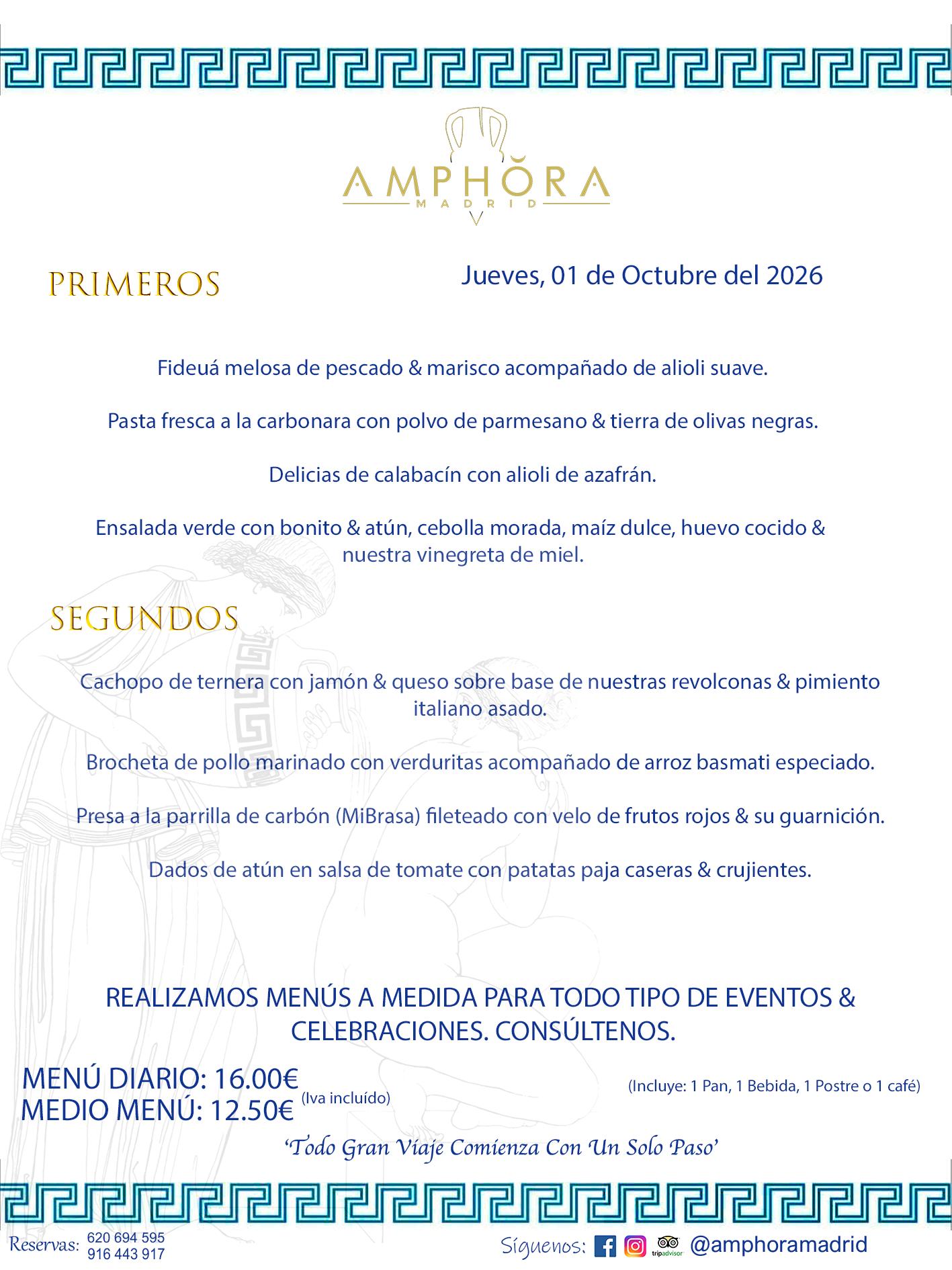 MENÚS DEL DÍA ALCORCÓN MENÚ DEL JUEVES 1 DE OCTUBRE DE DE 2026 MENÚS DIARIOS MEJORES MENÚS RESTAURANTES ALCORCÓN RESTAURANTE AMPHORA TERRAZA EN ALCORCÓN (DISPONEMOS DE UNA GRAN TERRAZA) Av. Leganés, 54 28923 · Alcorcón · Madrid · España. 91 644 39 17 620 694 595 También realizamos menús especiales a medida personalizados a grupos para todo tipo de eventos, como celebraciones, comidas o cenas de empresas, bautizos, bodas, cumpleaños, cenas o comidas de navidad 2023 2024, etc. Consúltenos o visite nuestras excelentes y amplias instalaciones y les prepararemos el menú más ajustado a sus necesidades y presupuesto. #RestaurantesEventos #RestaurantesMenúsCelebraciones #RestaurantesSalonesBodasBautizosComuniones #MenúsEspecialesparaEventosAlcorcón #MenúsCelebracionesAlcorcón #RestaurantesSalonesMenúsEspecialesGrupos #RestaurantesMenúsCumpleaños #ComidasCenasEmpresasAlcorcón #MenúsparaCenasComidasEventosEmpresasMadrid #MejoresTerrazasMadrid #MejorTerrazaAlcorcónMadrid #PresupuestosMenúsBodasComunionesBautizosAlcorcón #RestaurantesSecretosconEncantoMadrid #RestaurantesMenúsCenasComidasGruposEmpresasNavidadesAlcorcon #SalonesComidasCenasEmpresasAlcorcón #MenúsEventos #MenúsBodas #MenúsComuniones #MenúsCumpleaños #MenúsBautizos #MenúsEventosAlcorcón #MenúsBodasAlcorcón #MenúsComunionesAlcorcón #MenúsCumpleañosAlcorcón #MenúsBautizosAlcorcón #MenúsNavidadAlcorcón #MenúsComidasNavidad #MenúsCenasNavidad #SalonesEventosAlcorcón RESTAURANTES ALCORCÓN CELEBRACIONES EVENTOS CUMPLEAÑOS BODAS COMUNIONES BAUTIZOS, MENÚS ESPECIALES A MEDIDA PARA REUNIONES FAMILIARES EVENTOS CELEBRACIONES BODAS COMUNIONES BAUTIZOS EN ALCORCÓN, RESTAURANTES SALONES GRUPOS COMIDAS CENAS EN ALCORCÓN, RESTAURANTES COMIDAS CENAS EMPRESA ALCORCÓN MADRID, MEJORES TERRAZAS ALCORCÓN, MEJOR TERRAZA ALCORCÓN, RESTAURANTES SECRETOS CON ENCANTO EN MADRID, RESTAURANTES MENUS GRUPOS ESPECIALES COMIDAS CENAS EMPRESAS NAVIDADES ALCORCÓN, CONSÚLTE NUESTROS MENÚS A MEDIDA PARA EVENTOS - REALIZAMOS MENÚS A MEDIDA PARA BODAS, COMUNIONES, BAUTIZOS, CUMPLEAÑOS, CENAS COMIDAS DE EMPRESAS, ETC - NUESTRO RESTAURANTE DIPONE DE UNA EXTRAORDINARIA TERRAZA PARA TODO TIPO DE EVENTOS - NUESTROS SALONES INTERIORES SE ADAPTAN A TODO DE EVENTOS, YA SEAN PARTICULARES COMO DE EMPRESAS - RESTAURANTE PREPARADO PARA TODO TIPO DE EVENTOS DE CLIENTES DE LA ZONA SUR SUROESTE DE MADRID COMO ALCORCÓN MÓSTOLES FUENLABRADA VILLAVICIOSA DE ODÓN POZUELO DE ALARCÓN GETAFE LAS ROZAS MAJADAHONDA - UNO DE LOS MEJORES RESTAURANTES DE MADRID PARA COMER O CENAR A LA CARTA O CON NUESTROS MENÚS - CELEBRE CON NOSOTROS SUS REUNIONES FAMILIARES CUMPLEAÑOS BAUTIZOS COMUNIONES BODAS PRESENTACIONES ETC. PUES SERÁN UN ÉXITO - MEJORES RESTAURANTES SALONES CELEBRACIONES EN ALCORCÓN -RESTAURANTES MENUS GRUPOS COMIDAS CENAS REUNIONES EMPRESAS NAVIDADES 2024 ALCORCÓN ZONA SUR MADRID.MENÚS DEL DÍA ALCORCÓN DIARIOS MEJORES MENÚS RESTAURANTES ALCORCÓN RESTAURANTE AMPHORA TERRAZA EN ALCORCÓN (DISPONEMOS DE UNA GRAN TERRAZA)