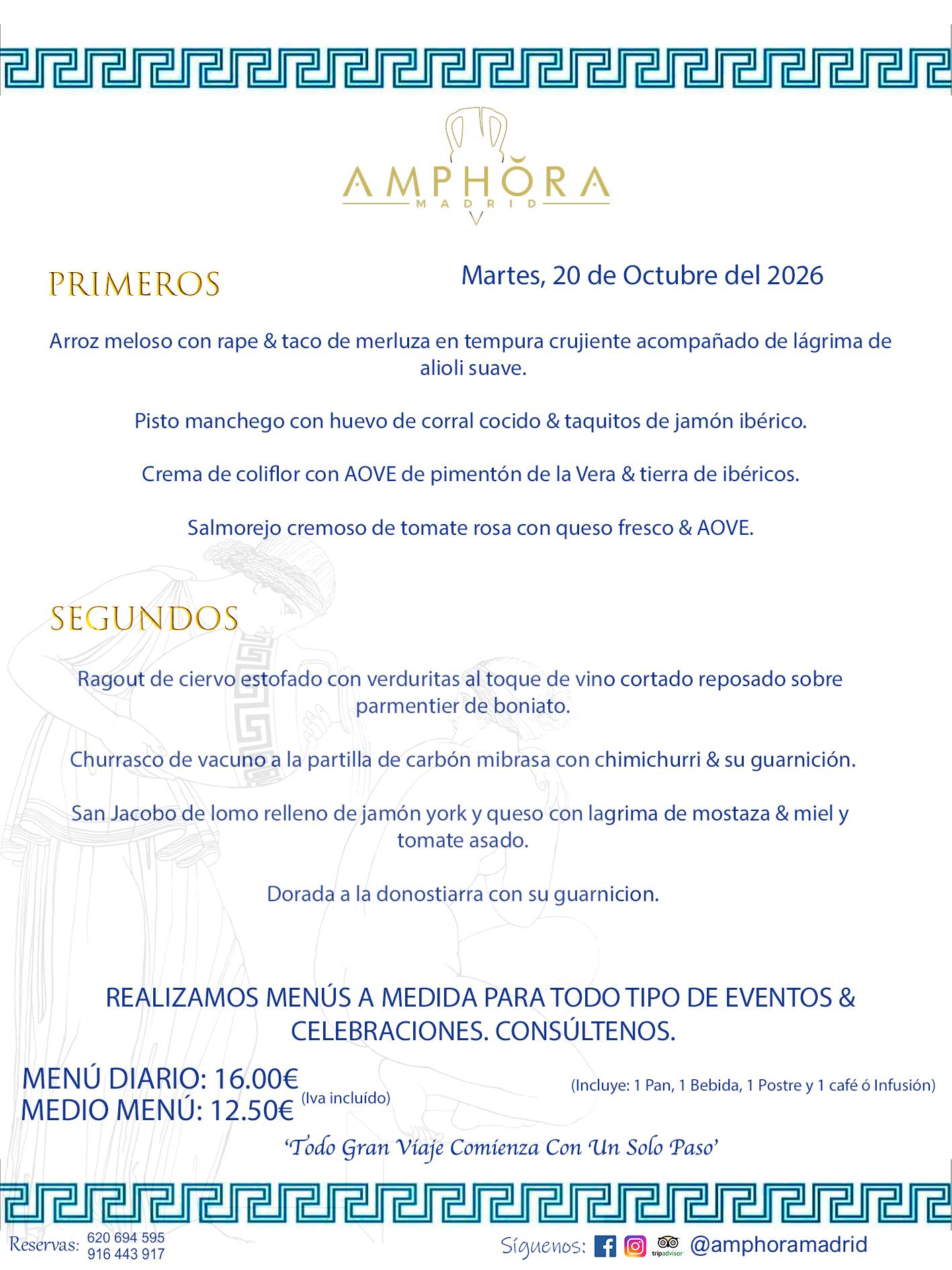 MENÚS DEL DÍA ALCORCÓN MENÚ DEL MARTES 20 DE OCTUBRE DE DE 2026 MENÚS DIARIOS MEJORES MENÚS RESTAURANTES ALCORCÓN RESTAURANTE AMPHORA TERRAZA EN ALCORCÓN (DISPONEMOS DE UNA GRAN TERRAZA) Av. Leganés, 54 28923 · Alcorcón · Madrid · España. 91 644 39 17 620 694 595 También realizamos menús especiales a medida personalizados a grupos para todo tipo de eventos, como celebraciones, comidas o cenas de empresas, bautizos, bodas, cumpleaños, cenas o comidas de navidad 2023 2024, etc. Consúltenos o visite nuestras excelentes y amplias instalaciones y les prepararemos el menú más ajustado a sus necesidades y presupuesto. #RestaurantesEventos #RestaurantesMenúsCelebraciones #RestaurantesSalonesBodasBautizosComuniones #MenúsEspecialesparaEventosAlcorcón #MenúsCelebracionesAlcorcón #RestaurantesSalonesMenúsEspecialesGrupos #RestaurantesMenúsCumpleaños #ComidasCenasEmpresasAlcorcón #MenúsparaCenasComidasEventosEmpresasMadrid #MejoresTerrazasMadrid #MejorTerrazaAlcorcónMadrid #PresupuestosMenúsBodasComunionesBautizosAlcorcón #RestaurantesSecretosconEncantoMadrid #RestaurantesMenúsCenasComidasGruposEmpresasNavidadesAlcorcon #SalonesComidasCenasEmpresasAlcorcón #MenúsEventos #MenúsBodas #MenúsComuniones #MenúsCumpleaños #MenúsBautizos #MenúsEventosAlcorcón #MenúsBodasAlcorcón #MenúsComunionesAlcorcón #MenúsCumpleañosAlcorcón #MenúsBautizosAlcorcón #MenúsNavidadAlcorcón #MenúsComidasNavidad #MenúsCenasNavidad #SalonesEventosAlcorcón RESTAURANTES ALCORCÓN CELEBRACIONES EVENTOS CUMPLEAÑOS BODAS COMUNIONES BAUTIZOS, MENÚS ESPECIALES A MEDIDA PARA REUNIONES FAMILIARES EVENTOS CELEBRACIONES BODAS COMUNIONES BAUTIZOS EN ALCORCÓN, RESTAURANTES SALONES GRUPOS COMIDAS CENAS EN ALCORCÓN, RESTAURANTES COMIDAS CENAS EMPRESA ALCORCÓN MADRID, MEJORES TERRAZAS ALCORCÓN, MEJOR TERRAZA ALCORCÓN, RESTAURANTES SECRETOS CON ENCANTO EN MADRID, RESTAURANTES MENUS GRUPOS ESPECIALES COMIDAS CENAS EMPRESAS NAVIDADES ALCORCÓN, CONSÚLTE NUESTROS MENÚS A MEDIDA PARA EVENTOS - REALIZAMOS MENÚS A MEDIDA PARA BODAS, COMUNIONES, BAUTIZOS, CUMPLEAÑOS, CENAS COMIDAS DE EMPRESAS, ETC - NUESTRO RESTAURANTE DIPONE DE UNA EXTRAORDINARIA TERRAZA PARA TODO TIPO DE EVENTOS - NUESTROS SALONES INTERIORES SE ADAPTAN A TODO DE EVENTOS, YA SEAN PARTICULARES COMO DE EMPRESAS - RESTAURANTE PREPARADO PARA TODO TIPO DE EVENTOS DE CLIENTES DE LA ZONA SUR SUROESTE DE MADRID COMO ALCORCÓN MÓSTOLES FUENLABRADA VILLAVICIOSA DE ODÓN POZUELO DE ALARCÓN GETAFE LAS ROZAS MAJADAHONDA - UNO DE LOS MEJORES RESTAURANTES DE MADRID PARA COMER O CENAR A LA CARTA O CON NUESTROS MENÚS - CELEBRE CON NOSOTROS SUS REUNIONES FAMILIARES CUMPLEAÑOS BAUTIZOS COMUNIONES BODAS PRESENTACIONES ETC. PUES SERÁN UN ÉXITO - MEJORES RESTAURANTES SALONES CELEBRACIONES EN ALCORCÓN -RESTAURANTES MENUS GRUPOS COMIDAS CENAS REUNIONES EMPRESAS NAVIDADES 2024 ALCORCÓN ZONA SUR MADRID.MENÚS DEL DÍA ALCORCÓN DIARIOS MEJORES MENÚS RESTAURANTES ALCORCÓN RESTAURANTE AMPHORA TERRAZA EN ALCORCÓN (DISPONEMOS DE UNA GRAN TERRAZA)